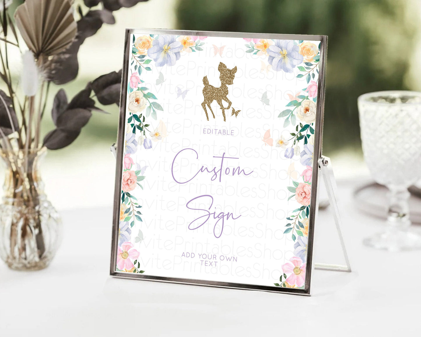 Fawn Deer Sign Pastel Floral Deer Table Sign Decor  Enchanted Forest Butterfly Party 1st Birthday Baptism Baby Shower Bridal Shower D10477