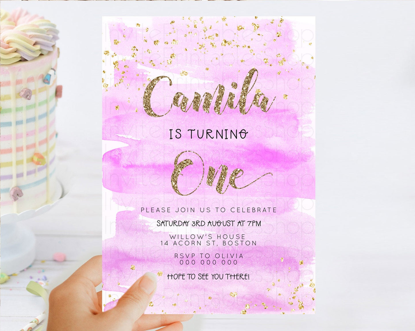 Pink Birthday Invitation pink Watercolor Invitation Pastel pink Watercolor Invitation pink Splash Gold Invitation 1st First Birthday D23279