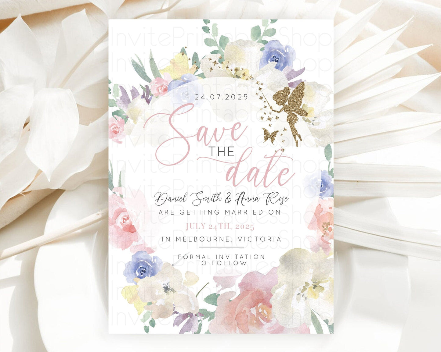 Fairy Save The Date Template Enchanted Garden Pastel Floral Butterfly Party Secret Garden Birthday Baptism Baby Shower Bridal Shower D10852