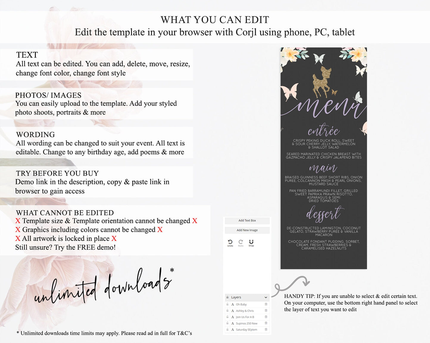 Fawn Menu Deer Menu Template Pastel Floral Deer Table Decor Enchanted Forest Butterfly Floral Dinner Dessert Menu Party Food Menu D10323