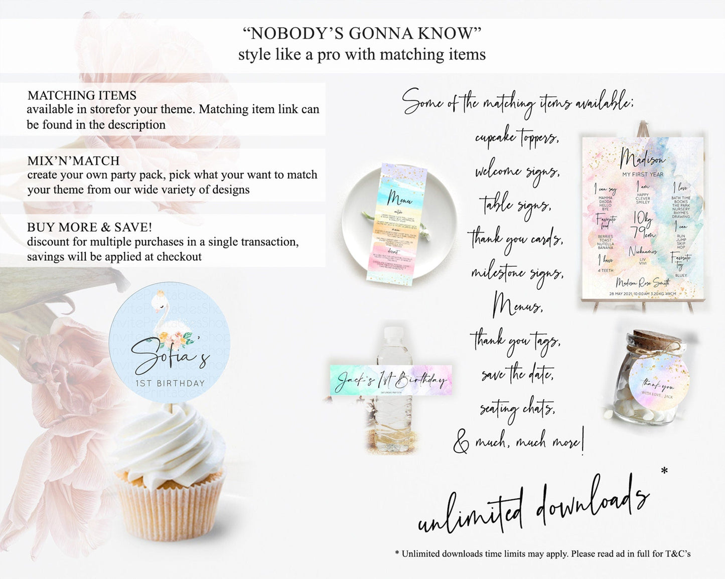 Swan Cupcake Toppers Swan Princess Ballet Cupcake Watercolour Pastel Floral Enchanted Forest Swan Lake Party Decor Secret Garden D10903