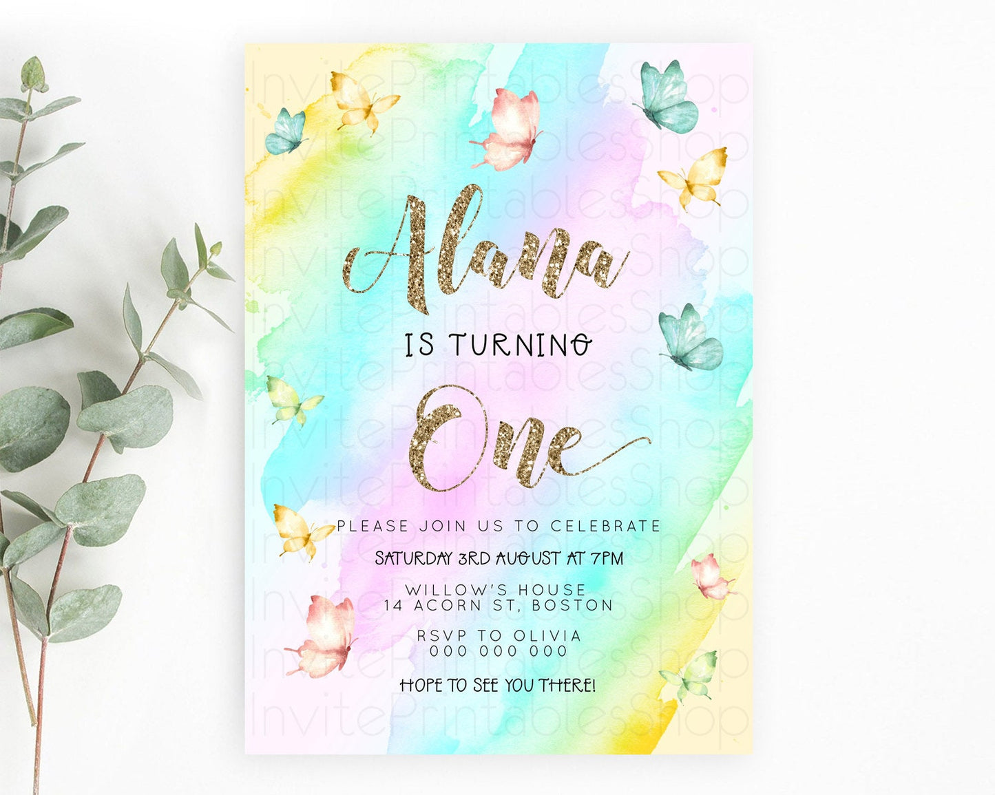 Pastel Butterfly Birthday Invitation Butterfly Birthday Invitation Colorful Splash Glitter Butterfly Garden 1st 2nd Birthday D23238