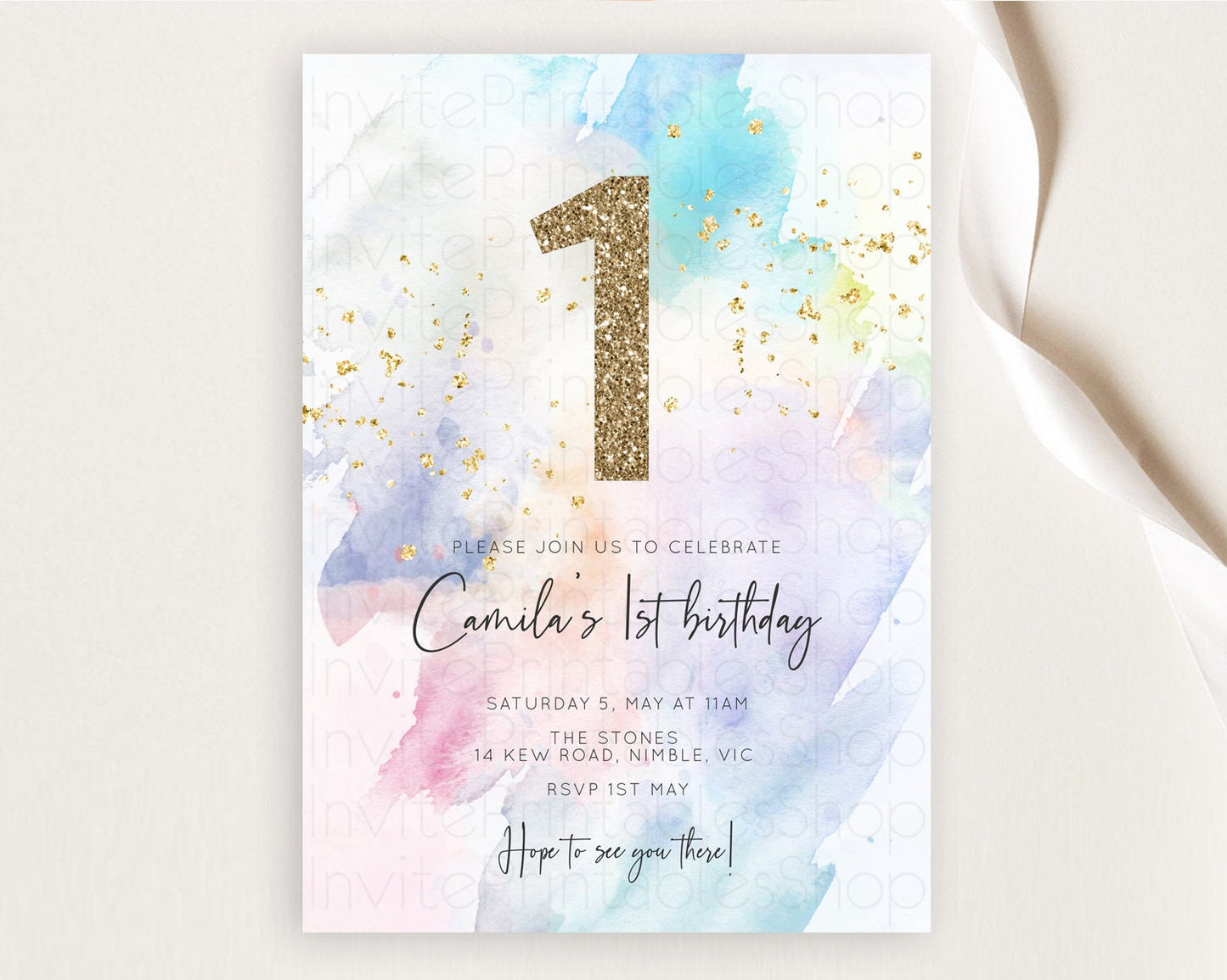 Rainbow Birthday Invitation Colorful Pastel Watercolor Invitation Gold Glitter Sprinkles Ombre Pastel 1st 2nd 3rd Birthday D10424
