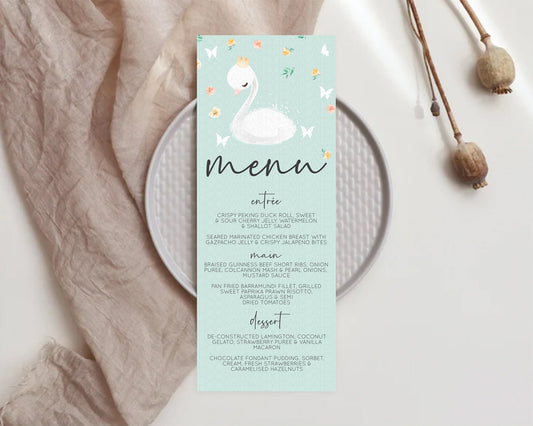 Swan Menu Swan Princess Ballet Menu Template Enchanted Swan Lake Table Decor Secret Garden Pastel Floral Dinner Dessert Food Menu  D10905