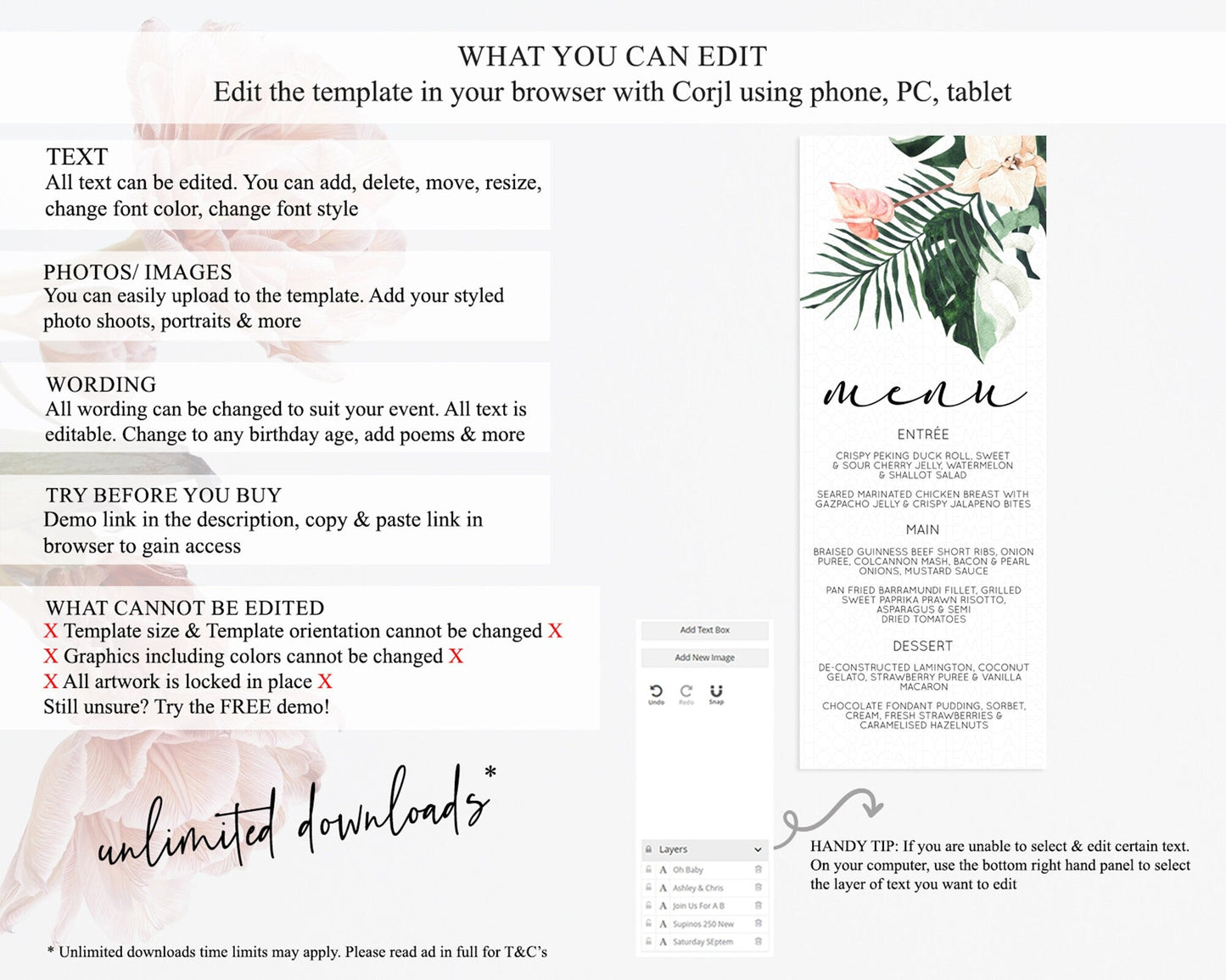 Tropical Menu Template Tropical Menu Palm Leaf Fern Table Decor Frangipani Floral White Orchid Dinner Dessert Menu Party Food Menu D11016
