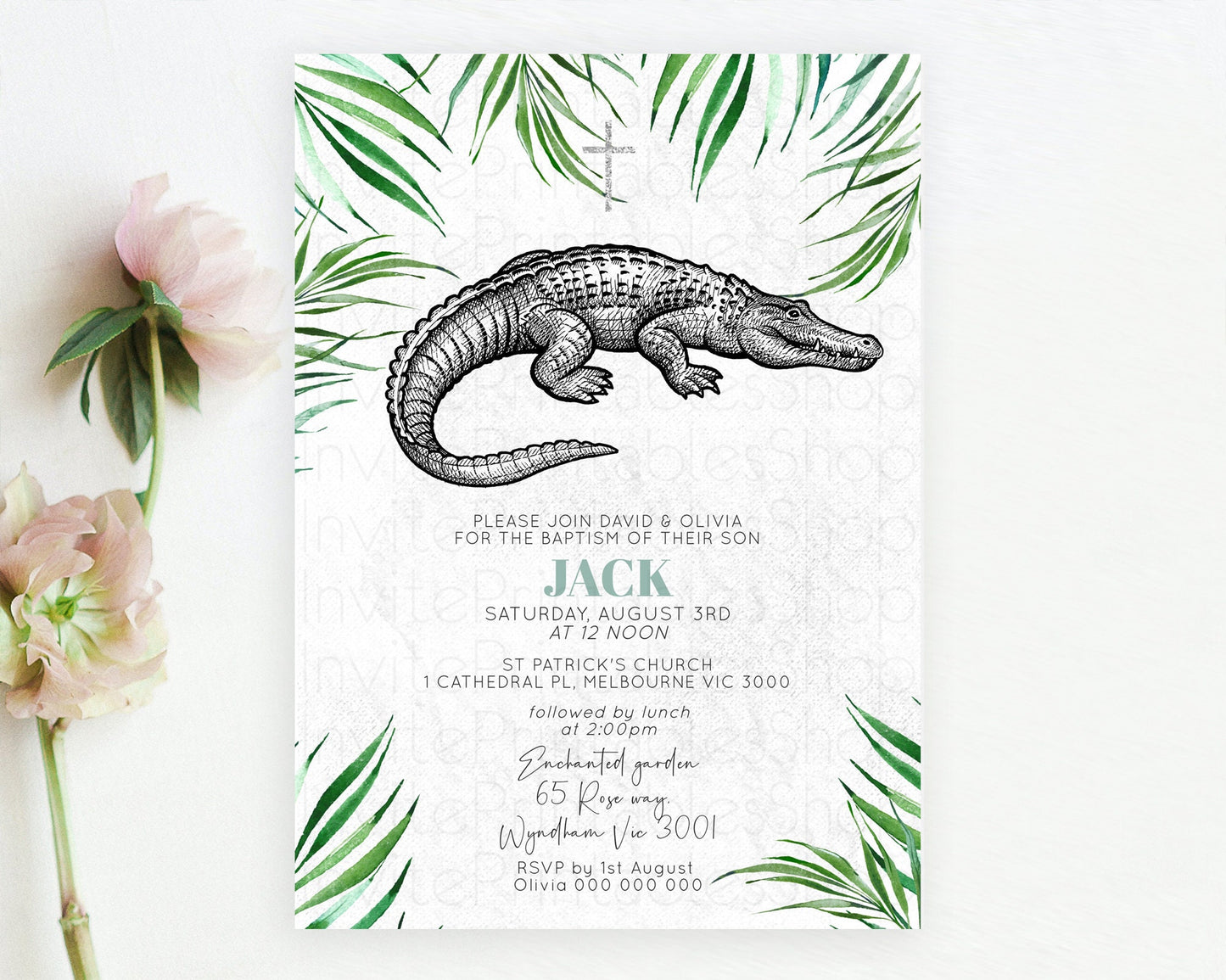 Crocodile Baptism Invitation Alligator Baptism 1st Birthday Invitation Later Alligator Swamp Safari Crocodile Christening Invitation D10847