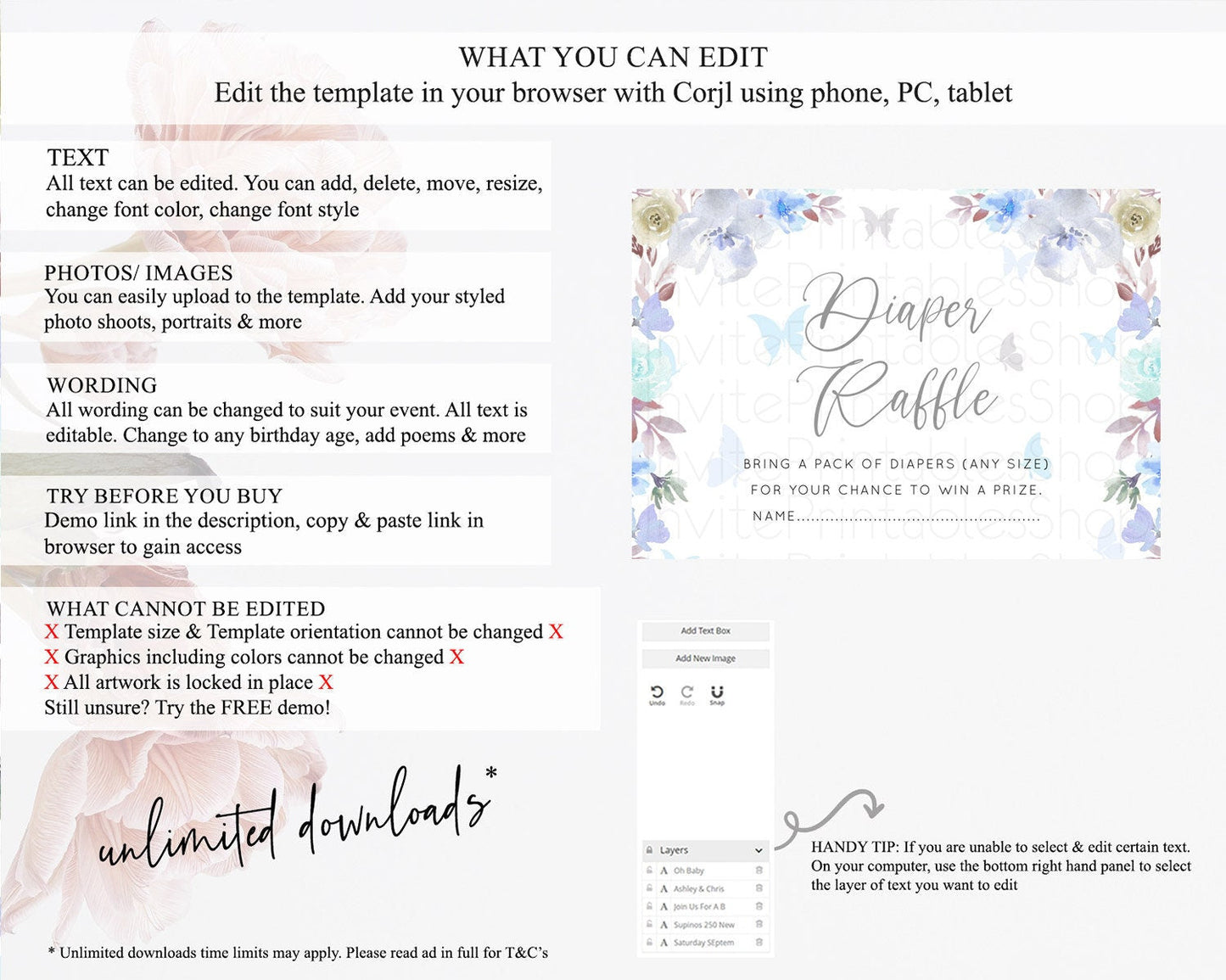 Secret Garden Diaper Raffle Card Boho Wildflower Diaper Raffle Insert Pastel Flower Garden Baby Shower Card Flower Raffle Game D10932