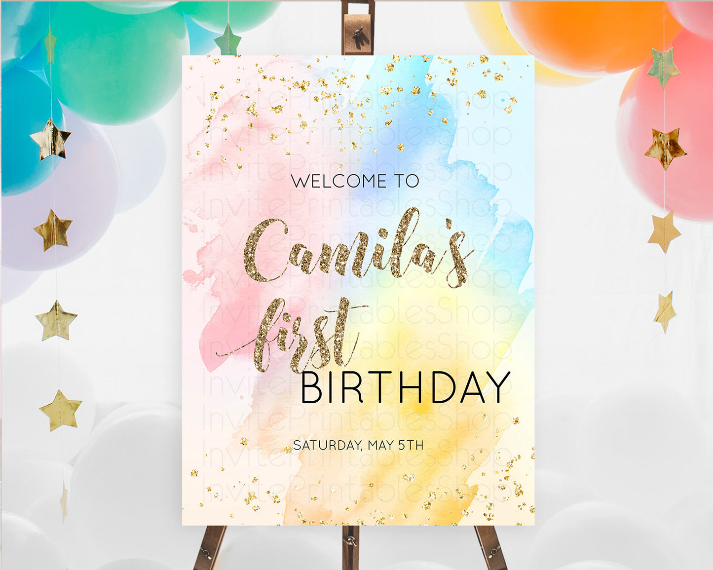 Pastel Welcome Sign Pastel Rainbow Welcome Sign Colorful Rainbow Confetti Watercolor Glitter Pastel First Birthday Welcome Sign D10556