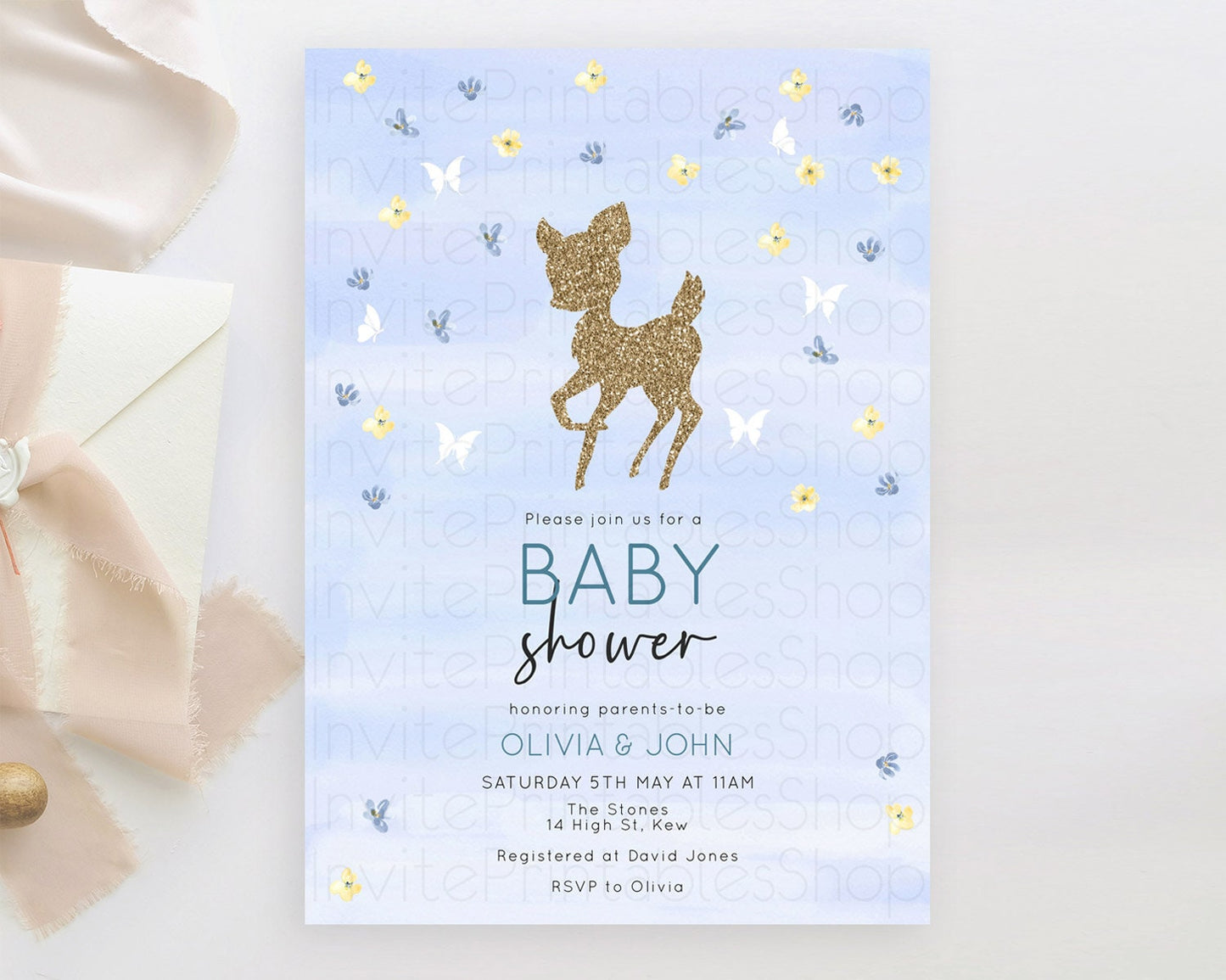 Fawn Baby Shower Invitation Deer Baby Shower Invites Enchanted Forest Theme Butterfly Pastel Flowers Whimsical Baby Shower D10863