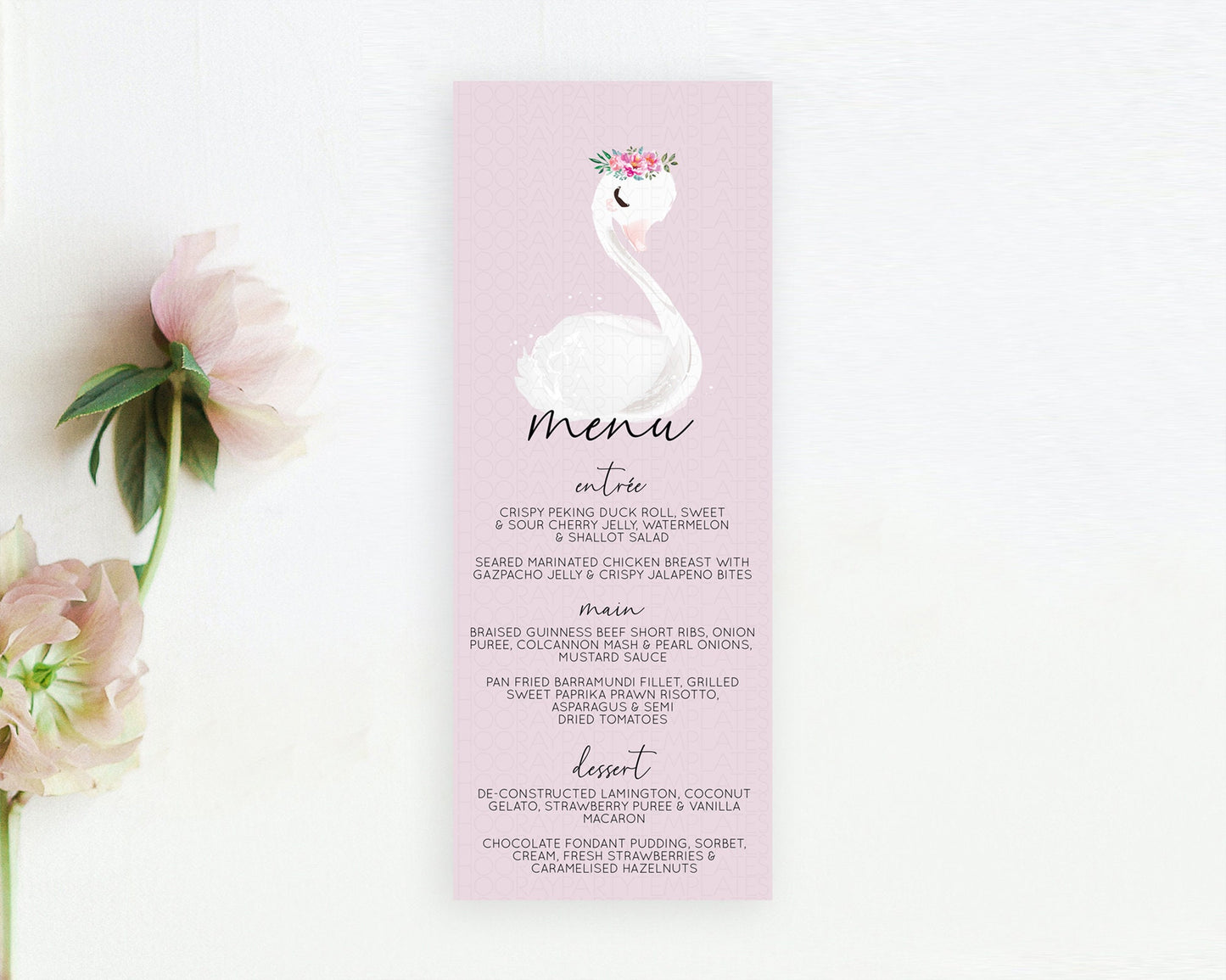 Swan Menu Swan Princess Ballet Menu Template Enchanted Swan Lake Table Decor Secret Garden Pastel Floral Dinner Dessert Food Menu  D10758