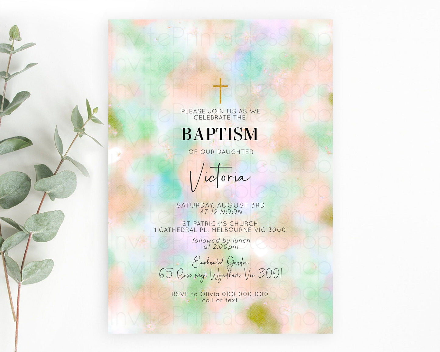 Pastel Baptism Invitation Pastel Colors Watercolor Baptism 1st Birthday Party Gold Ombre Pastel Rainbow Christening Holy Communion D10693