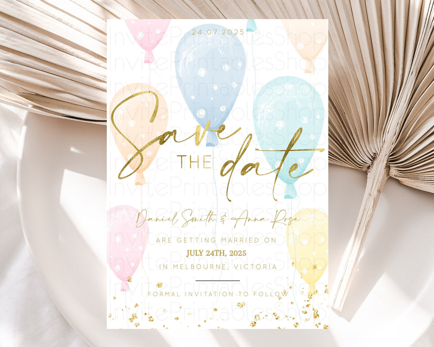 Pastel Balloons Save The Date Rainbow Confetti Balloon Party Colorful Balloon Save The Date Template Birthday Baby Shower Baptism  D10182