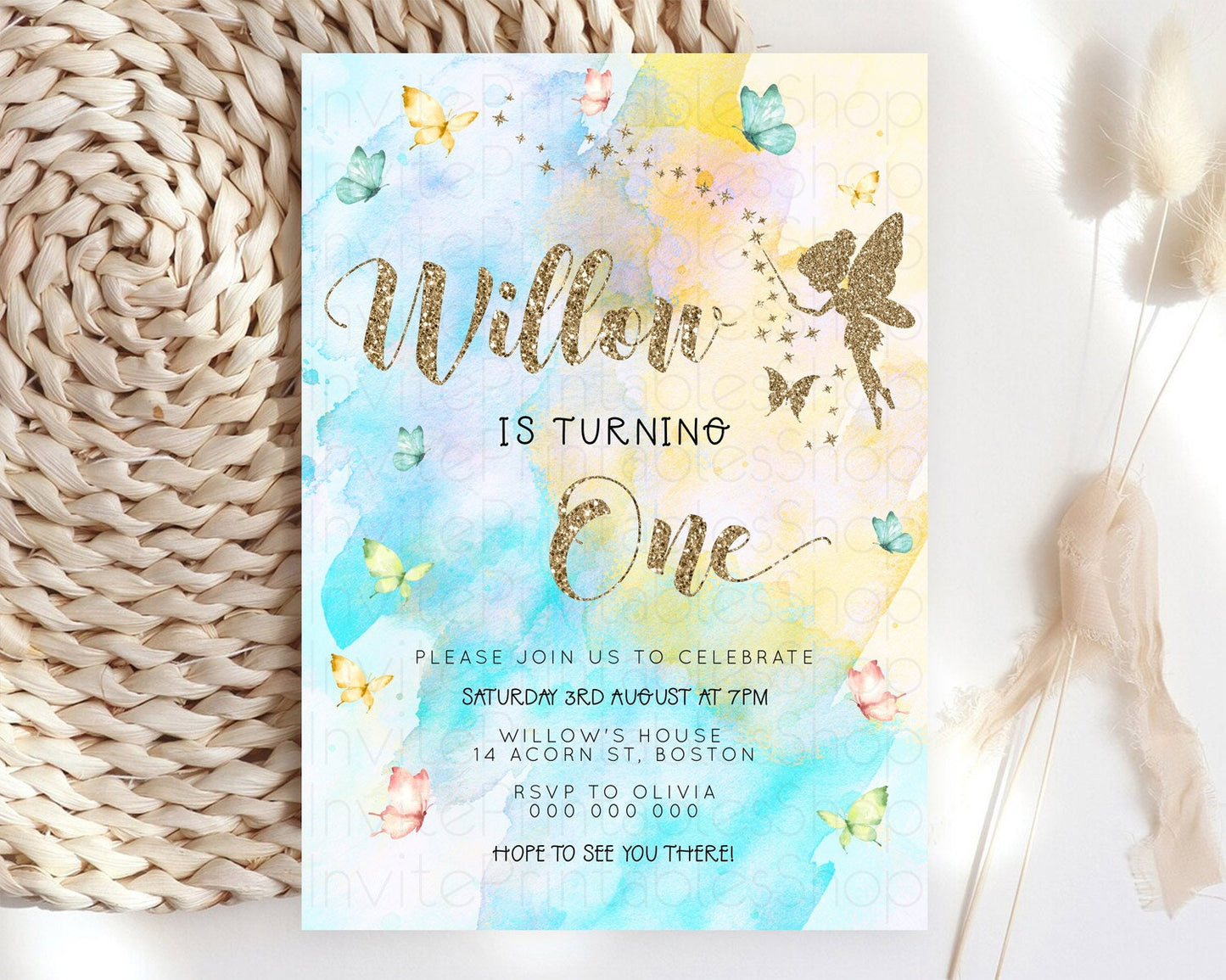 Pastel Fairy Birthday Invitation Pastel Butterflies Fairy Birthday Invitation Rainbow Ombre Watercolor 1st 2nd Birthday Invitation D23348