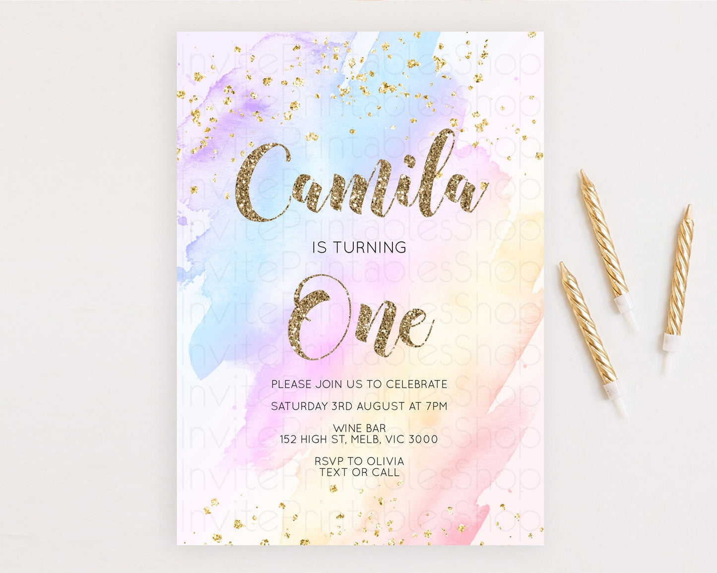 Rainbow Birthday Invitation Colorful Pastel Watercolor Invitation Gold Glitter Sprinkles Ombre Pastel 1st 2nd 3rd Birthday D10633