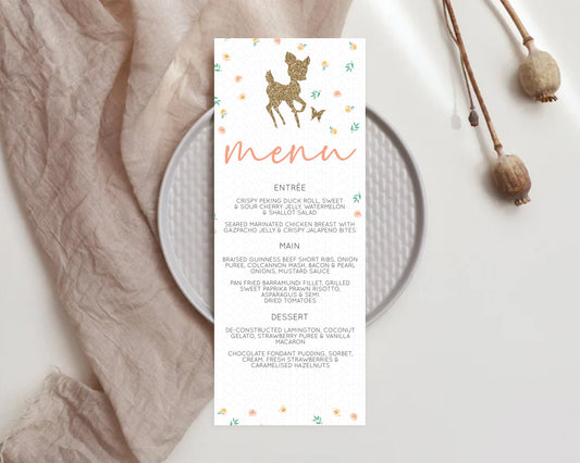 Fawn Menu Deer Menu Template Pastel Floral Deer Table Decor Enchanted Forest Butterfly Floral Dinner Dessert Menu Party Food Menu D10355