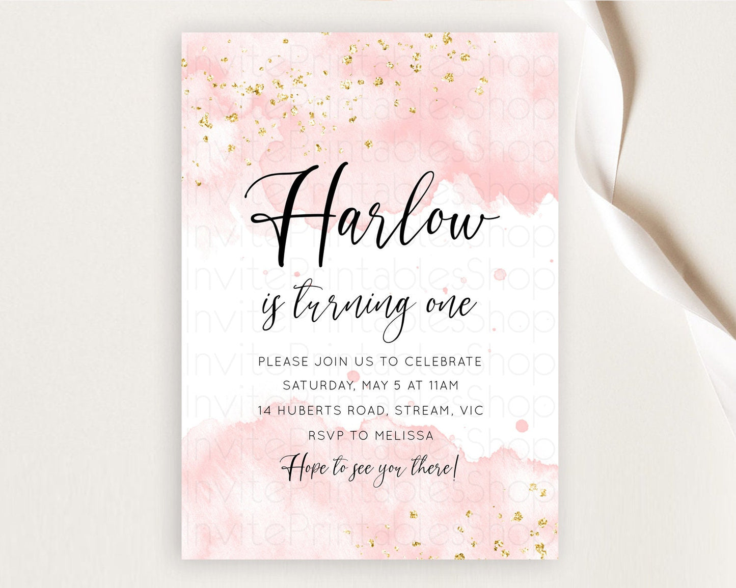 Pink Birthday Invitation pink Watercolor Invitation Pastel pink Watercolor Invitation pink Splash Gold Invitation 1st First Birthday D10328