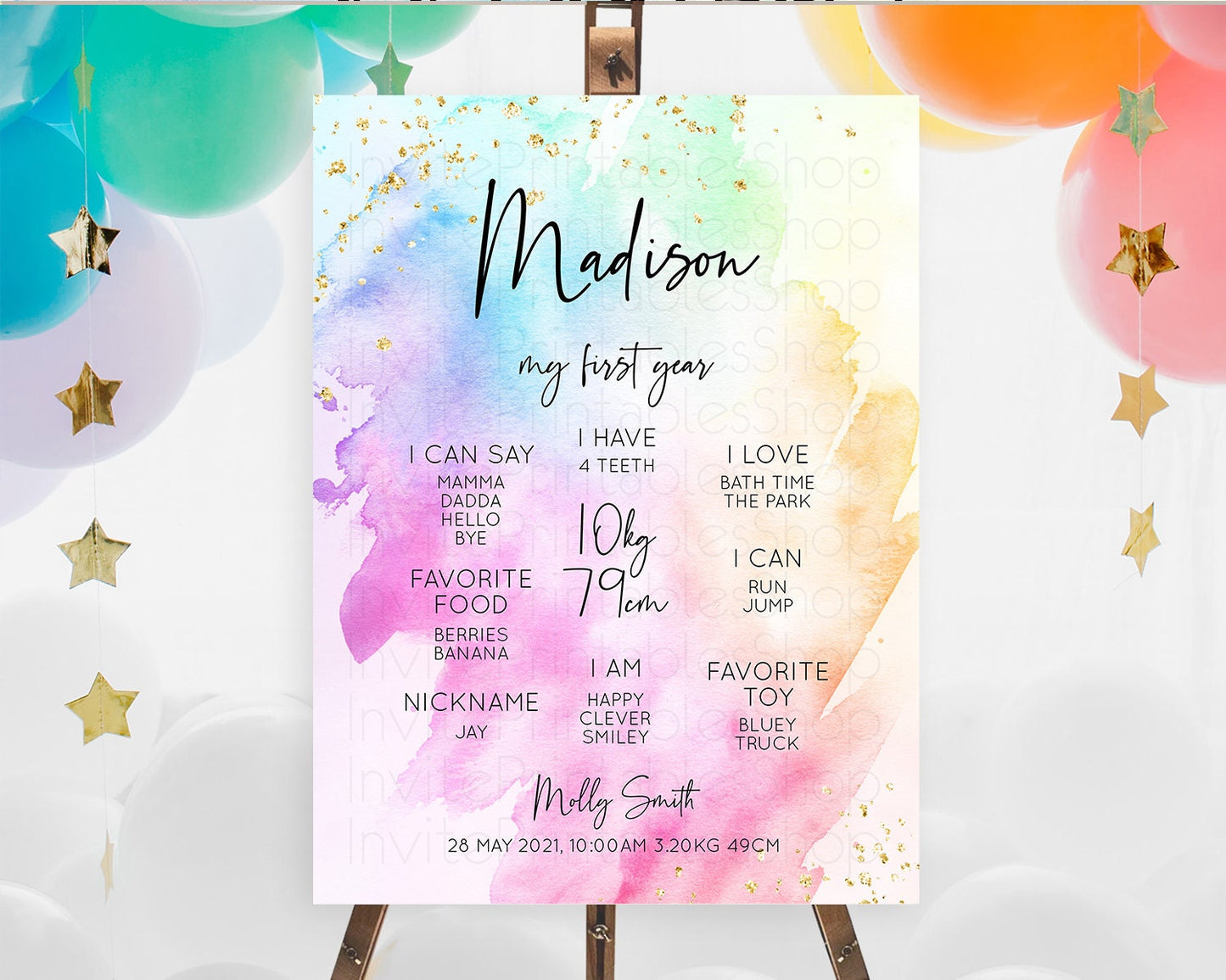 Pastel First Birthday Milestone Board Pastel Rainbow Milestone Poster Colorful Confetti Watercolor Glitter 1st Birthday Welcome Sign D10449
