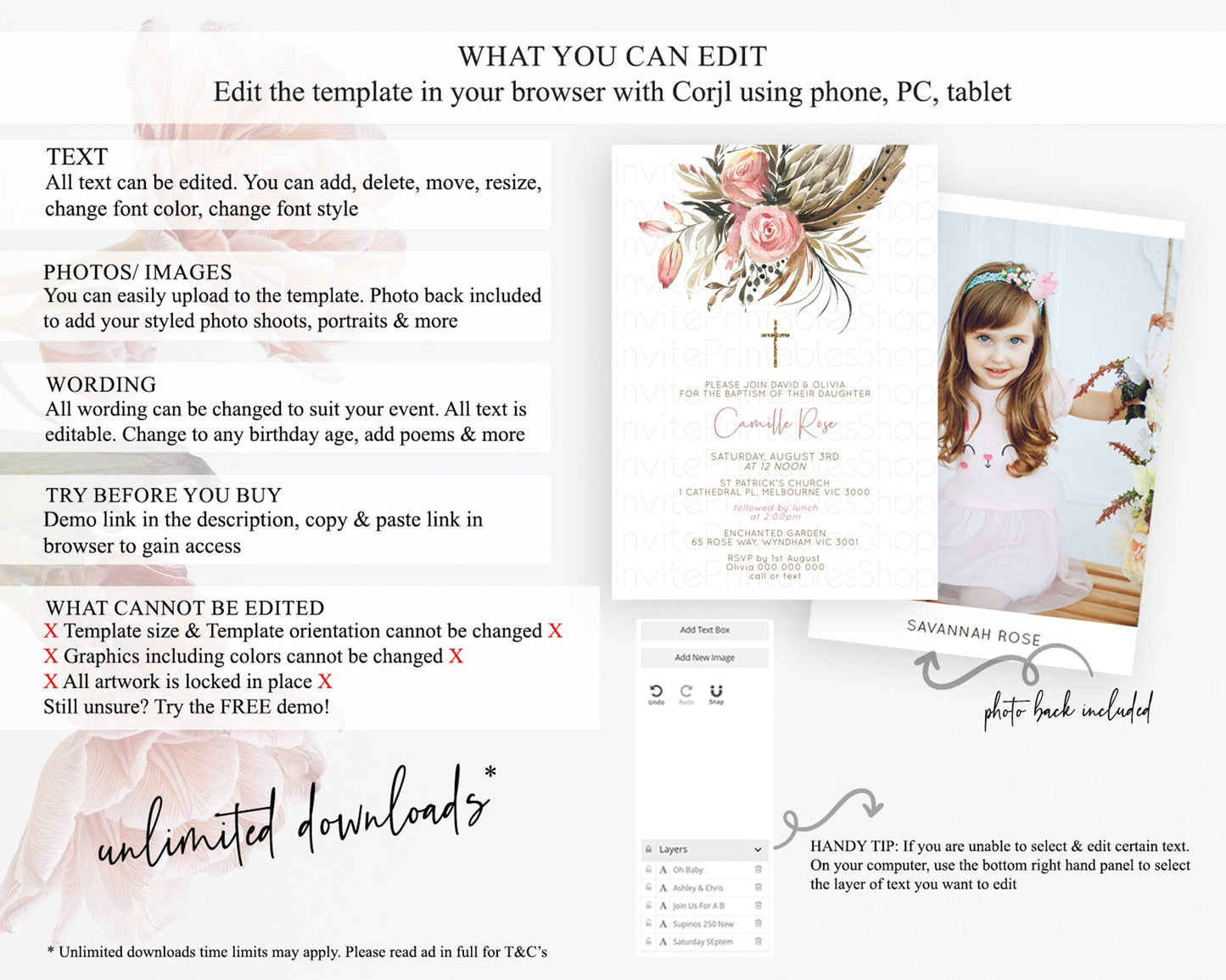 Secret Garden Baptism Invitation Wildflower Baptism Birthday Invite Pastel Flowers Christening Invite Enchanted Garden Boho Floral D10686