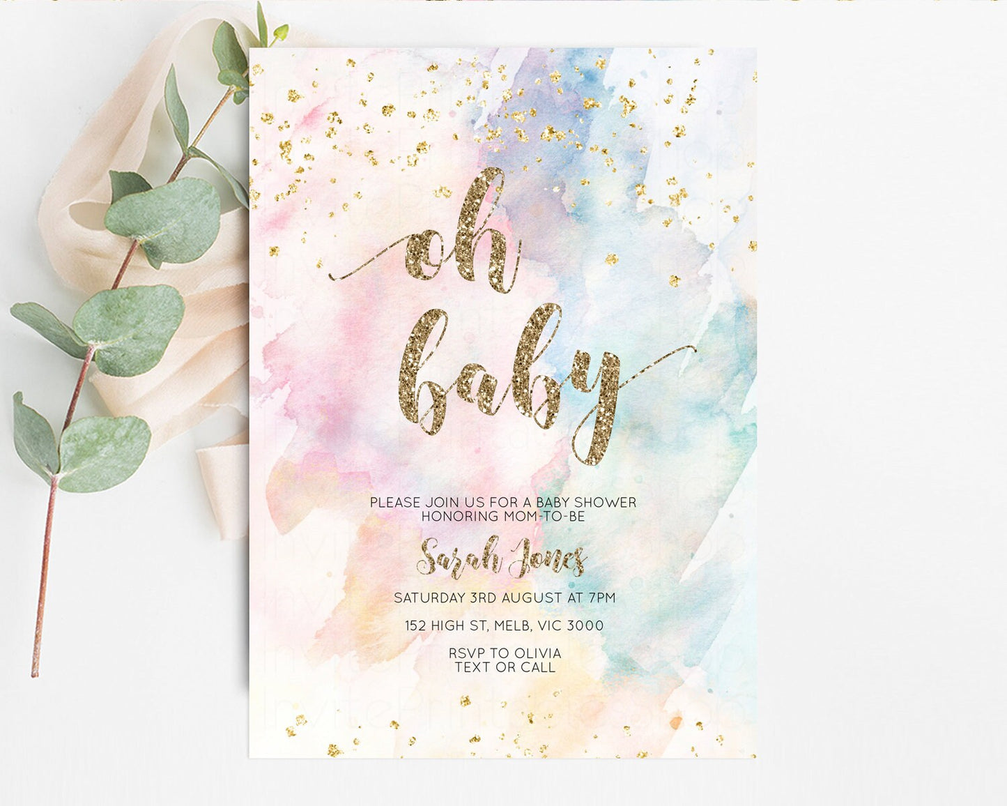 Rainbow Baby Shower Invitation Pastel Baby Shower Invitation Watercolor Ombre Invitation Rainbow Pastel Colors Invite Glitter Confetti 276