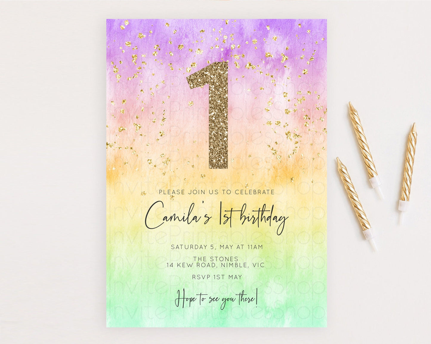Rainbow Birthday Invitation Colorful Pastel Watercolor Invitation Gold Glitter Sprinkles Ombre Pastel 1st 2nd 3rd Birthday D10514
