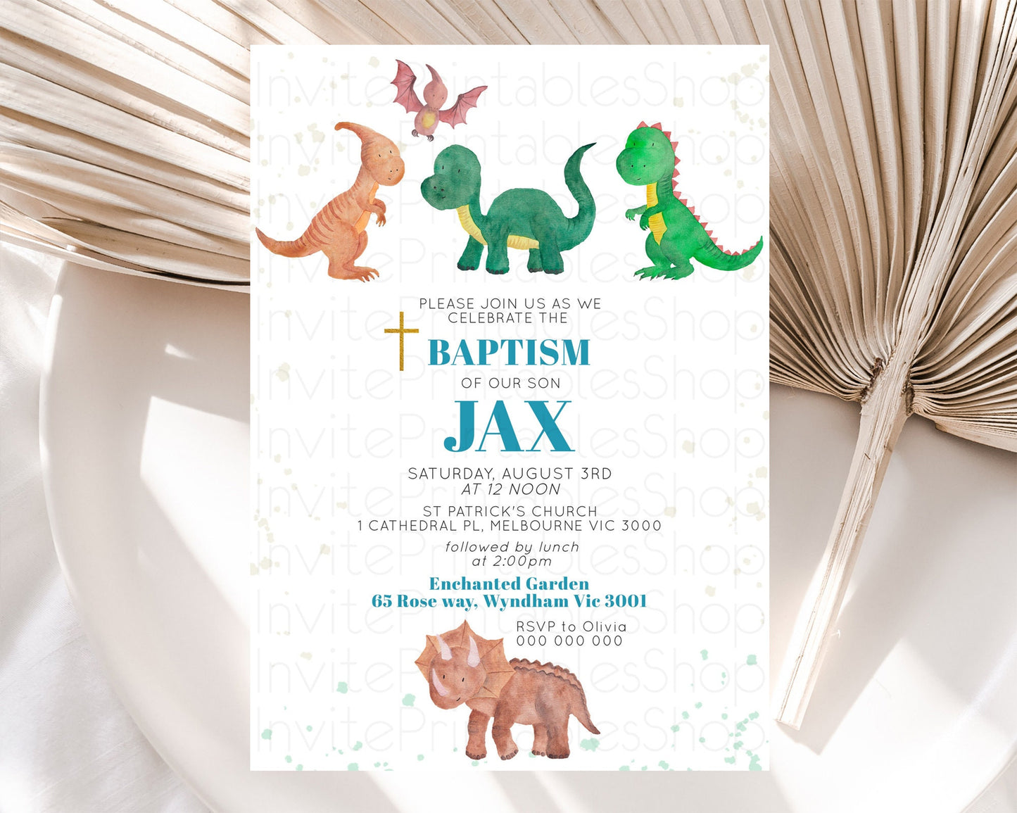 Dinosaur Baptism Invitation Dinosaur Volcano Baptism 1st Birthday Invitation Watercolor T-Rex Raptor Jurassic Christening Invitation D10153