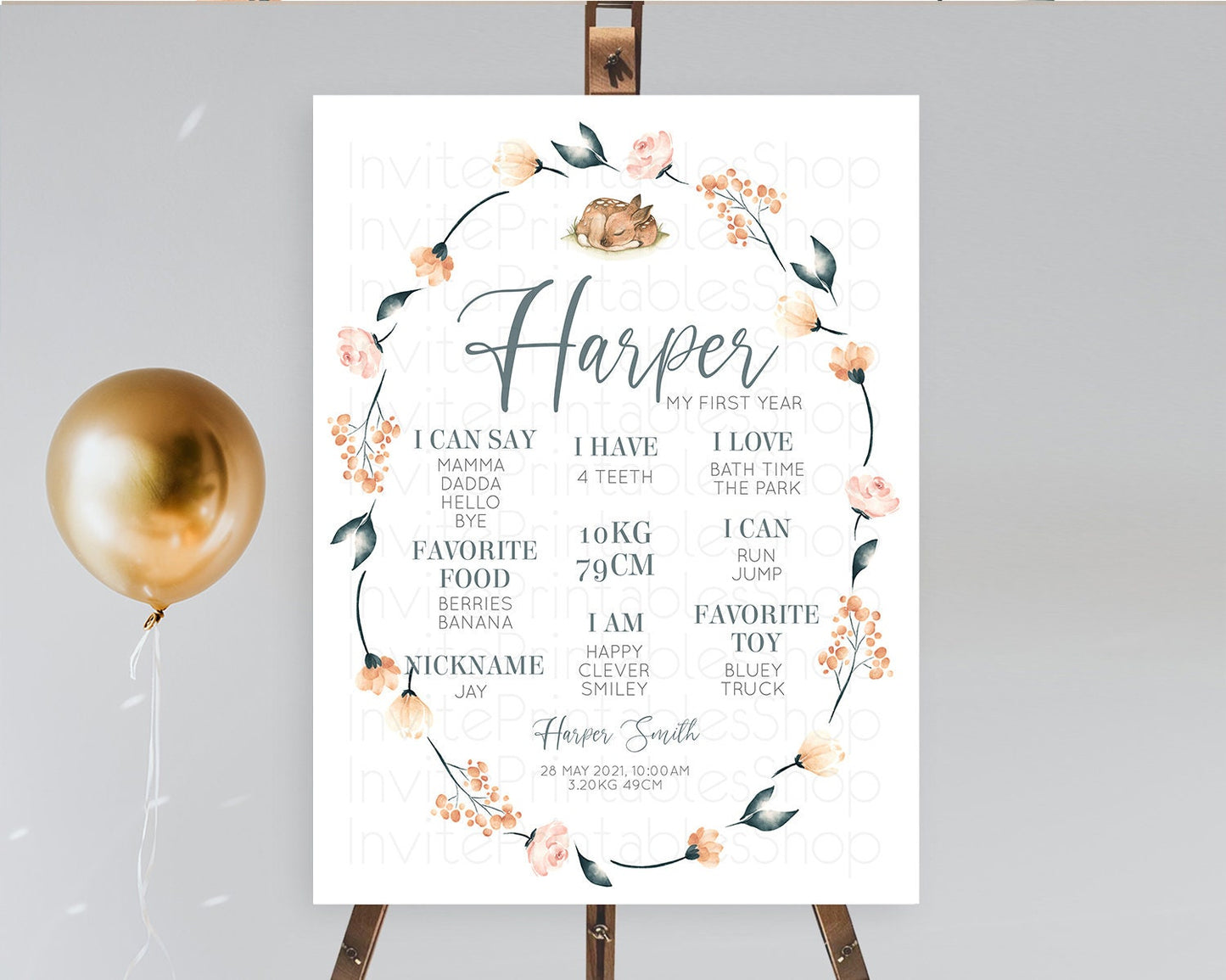 Fawn First Birthday Milestone Board Deer First Birthday Milestone Poster Enchanted Forest Butterfly Pastel Flowers 1st Birthday Sign D10790