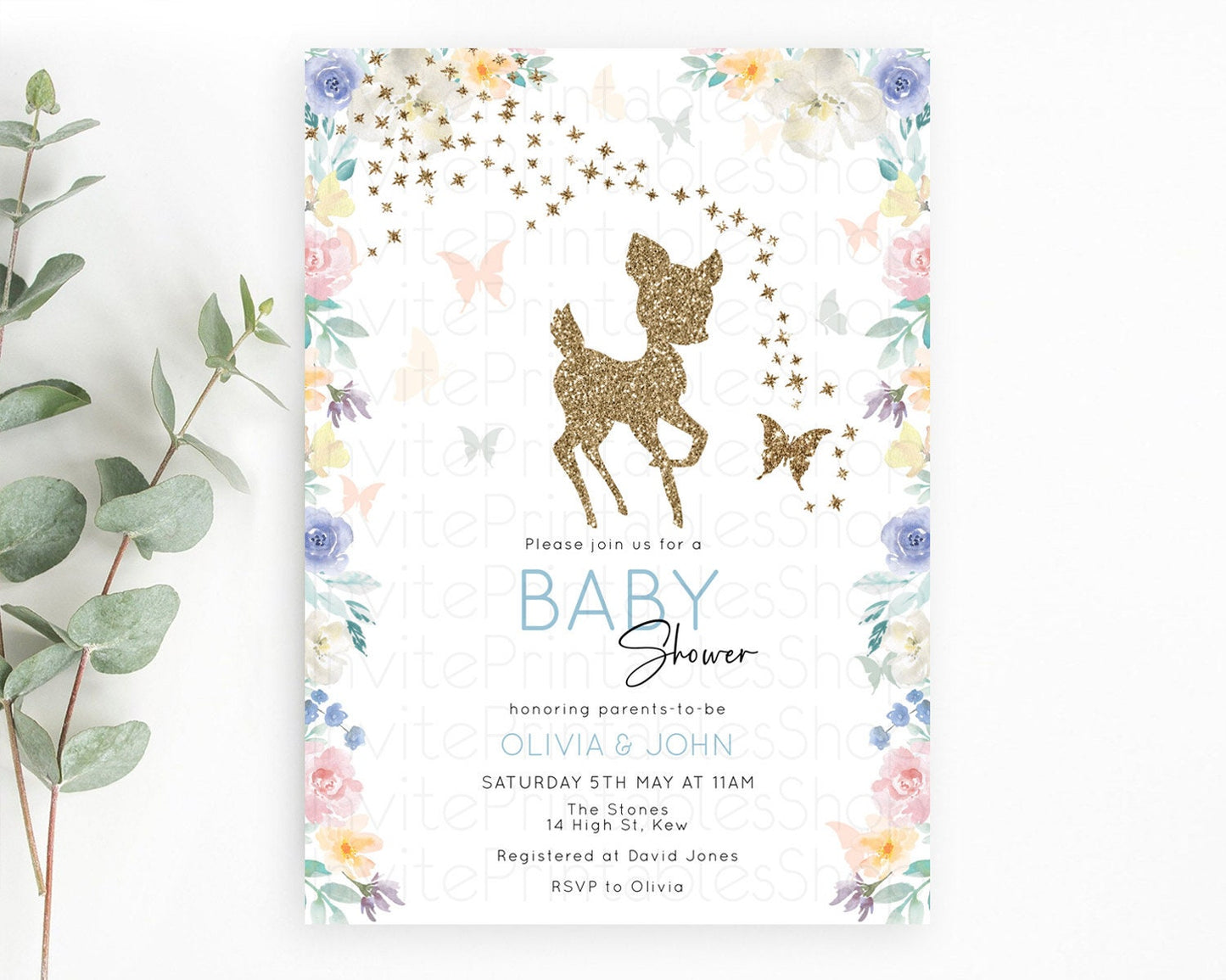 Deer Baby Shower Invitation, Enchanted Forest, Secret Garden, Pastel Green, Orange, Pink Floral, Butterflies, Whimsical Glitter Magic D10878