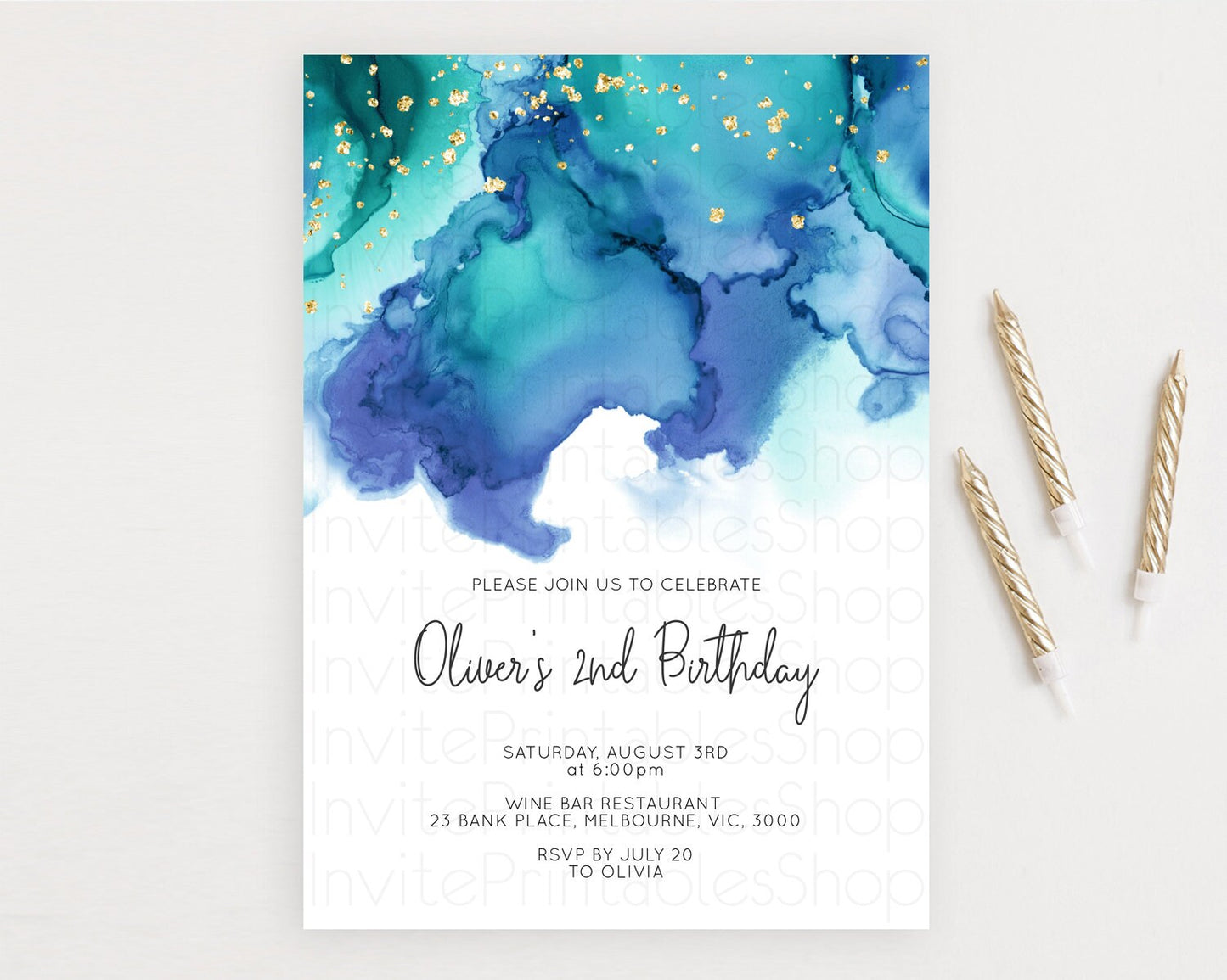 Blue Birthday Invitation Blue Watercolor Invitation Pastel Blue Watercolor Invitation Blue Splash Gold Invitation 1st First Birthday D11067