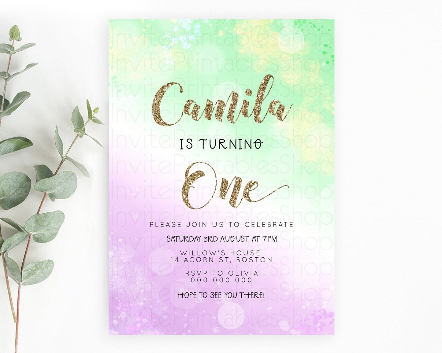 Rainbow Birthday Invitation Colorful Pastel Watercolor Invitation Gold Glitter Sprinkles Ombre Pastel 1st 2nd 3rd Birthday D23121