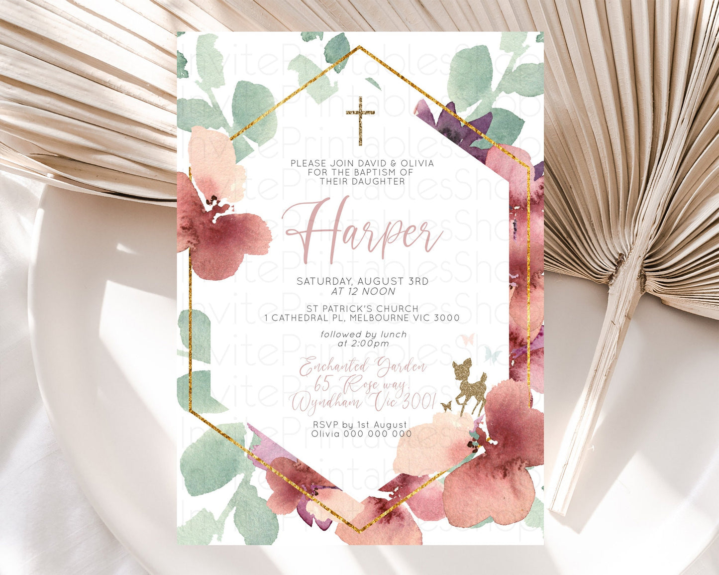 Fawn Baptism Invitation Deer Baptism 1st Birthday Invitation Enchanted Forest Christening Invitation Pastel Garden Butterfly Floral D10459