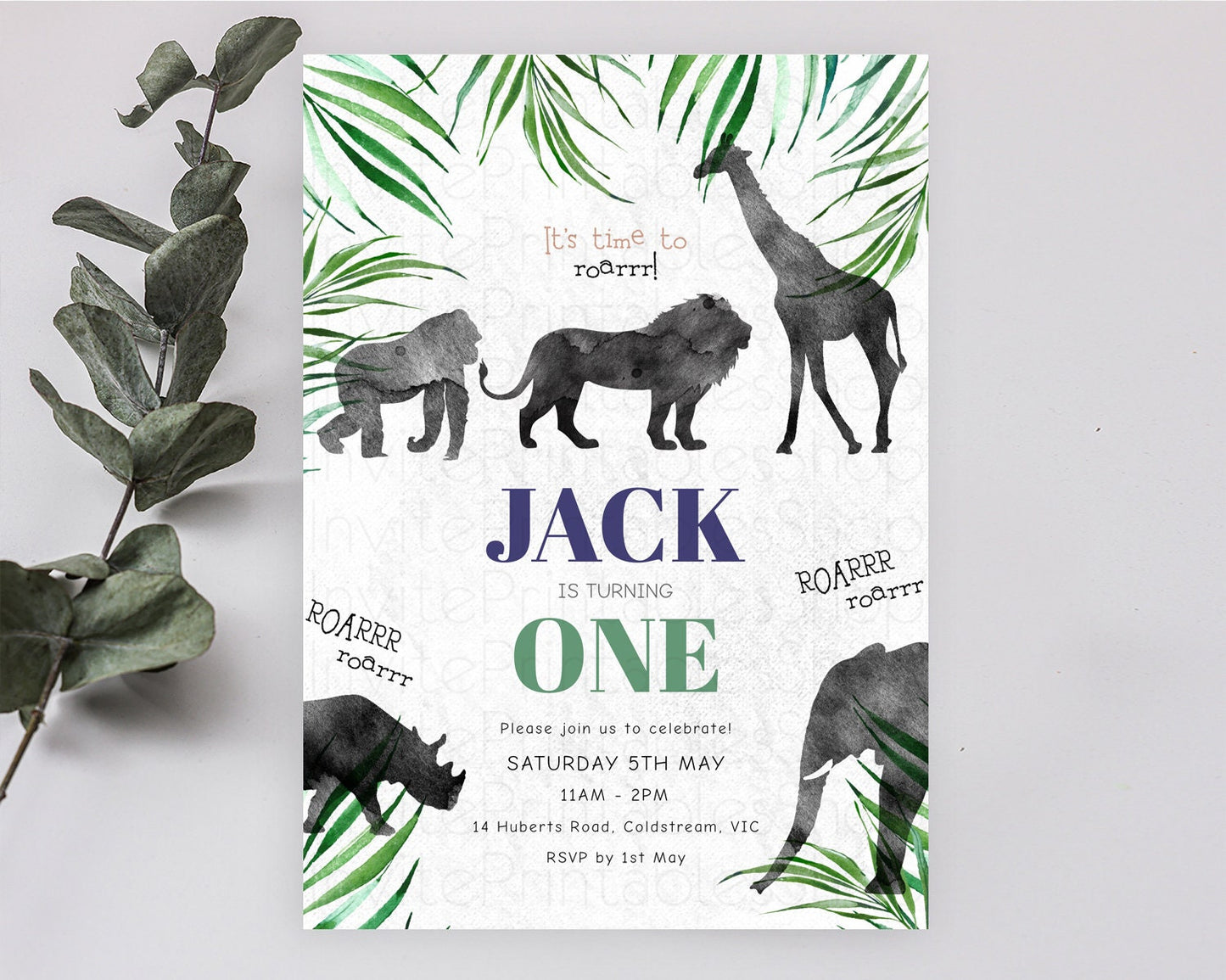 Editable Safari Birthday Invitation Lion Gorilla Elephant Rhino Tropical Pal