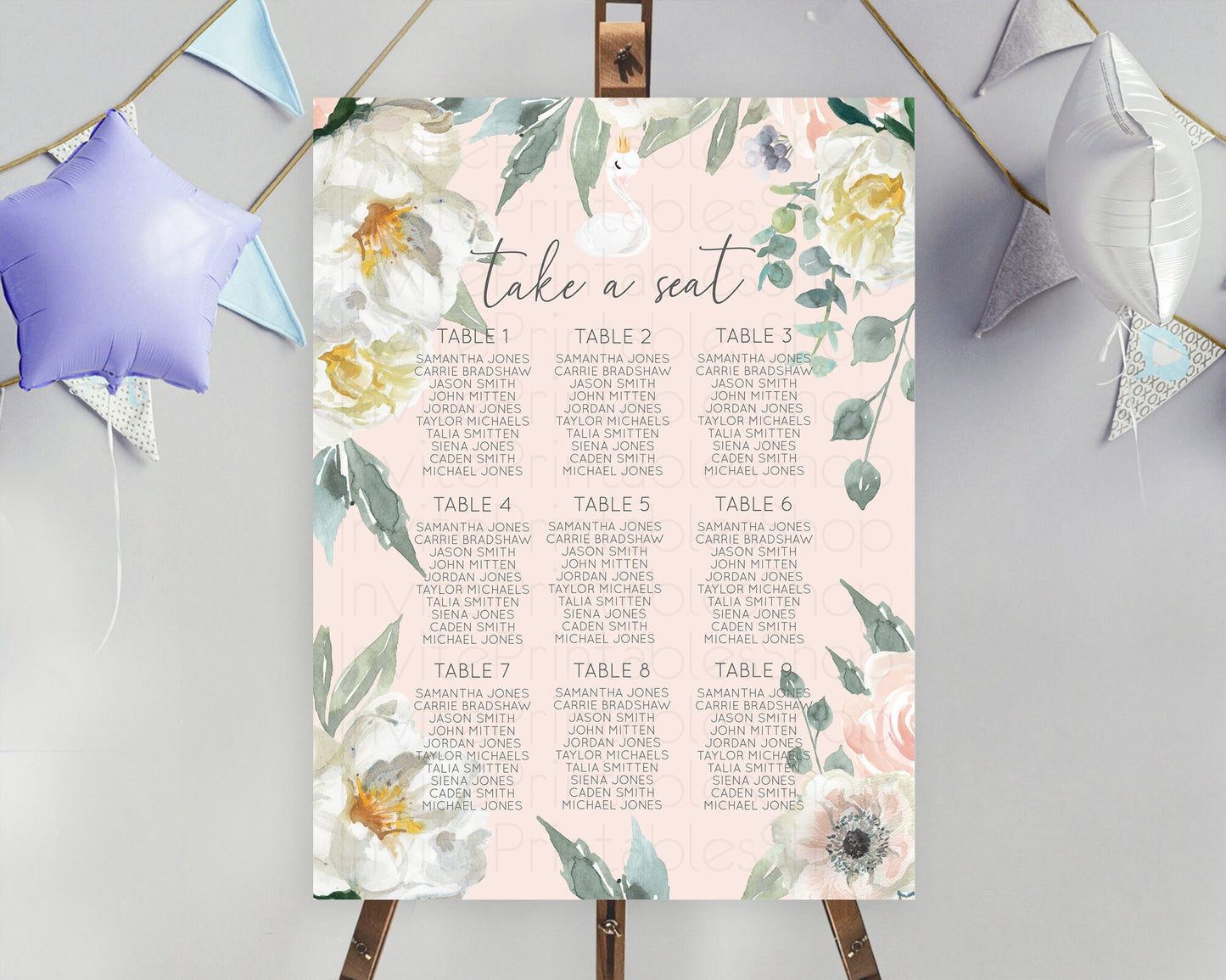 Swan Seating Chart Swan Princess Ballet Seating Sign Watercolour Pastel Floral Enchanted Forest Swan Lake Party Decor Secret Garden D10755