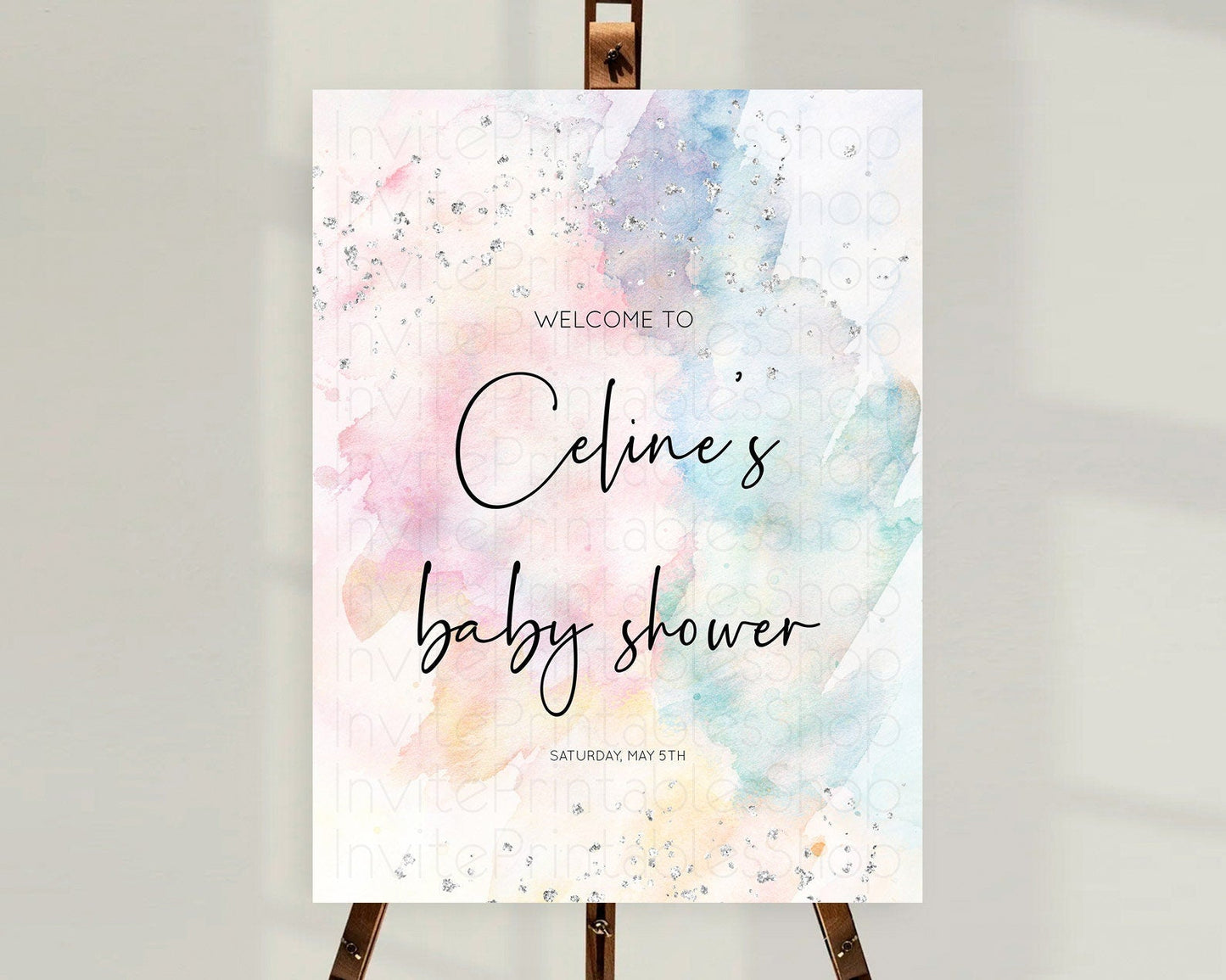 Pastel Rainbow Baby Shower Welcome Sign Pastel Welcome Board Pastel Colorful Party Poster Confetti Watercolor Silver Welcome Sign D10945