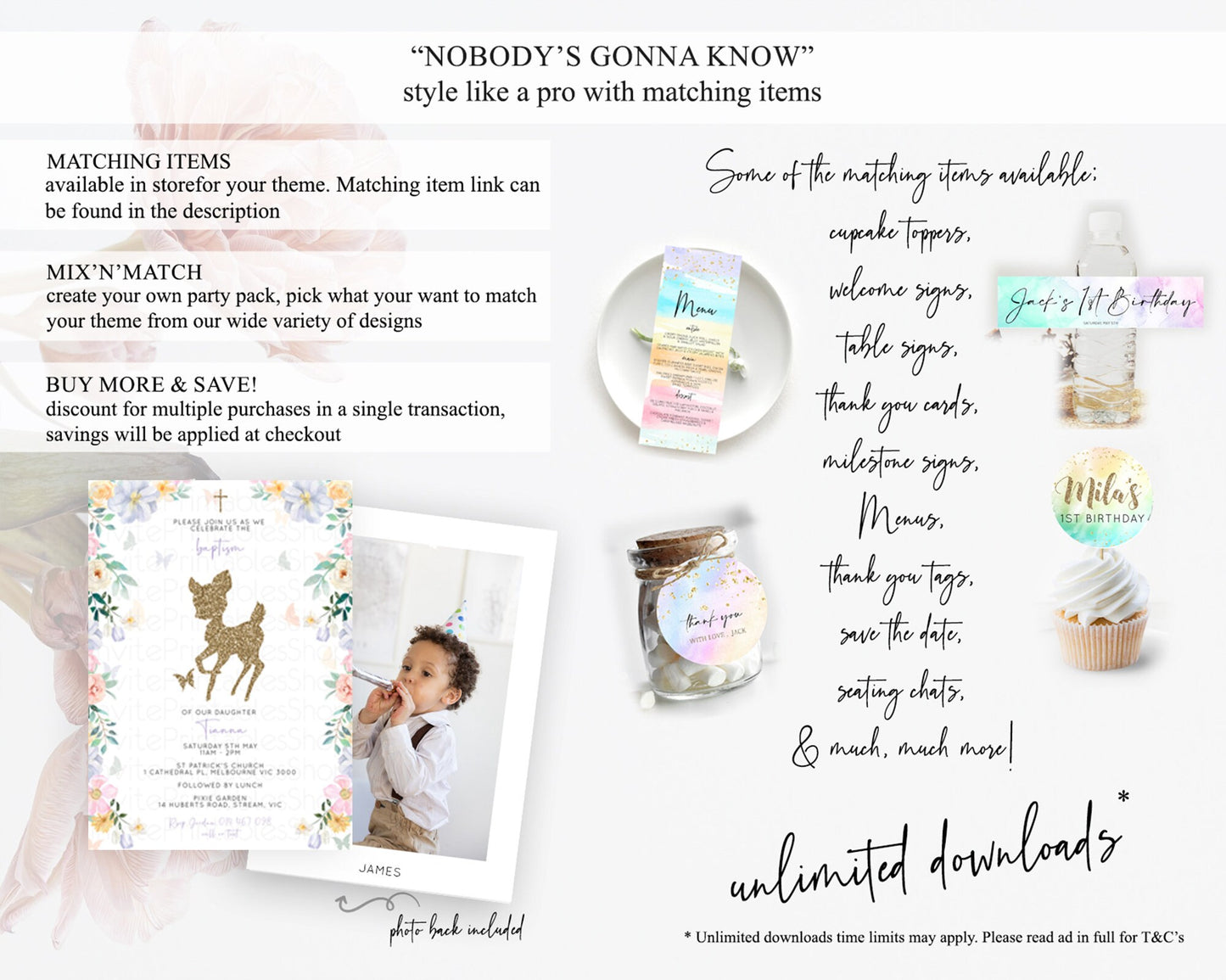 Fawn Baptism Invitation Deer Baptism 1st Birthday Invitation Enchanted Forest Christening Invitation Pastel Garden Butterfly Floral D10477