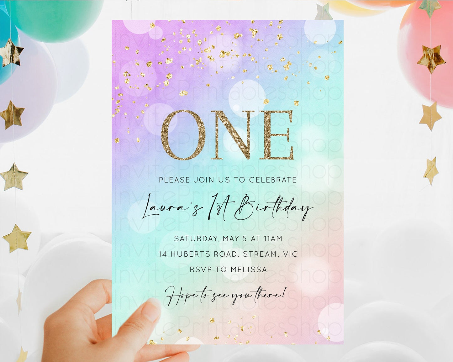 Rainbow Birthday Invitation Colorful Pastel Watercolor Invitation Gold Glitter Sprinkles Ombre Pastel 1st 2nd 3rd Birthday D10618