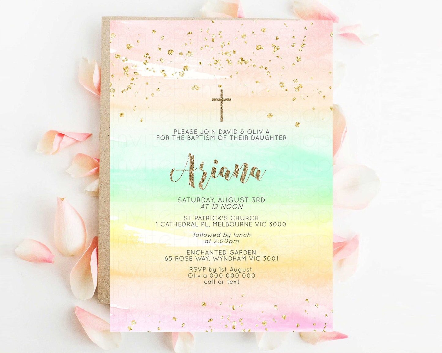 Rainbow Baptism invitation Pastel Orange Christening Invite Ombre Watercolor Invite Colors Yellow Pink Green Glitter Gold Cross Invite G581