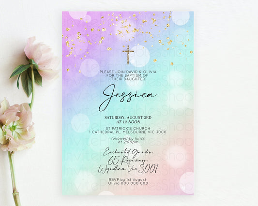 Pastel Baptism Invitation Pastel Colors Watercolor Baptism 1st Birthday Party Gold Ombre Pastel Rainbow Christening Holy Communion D10618