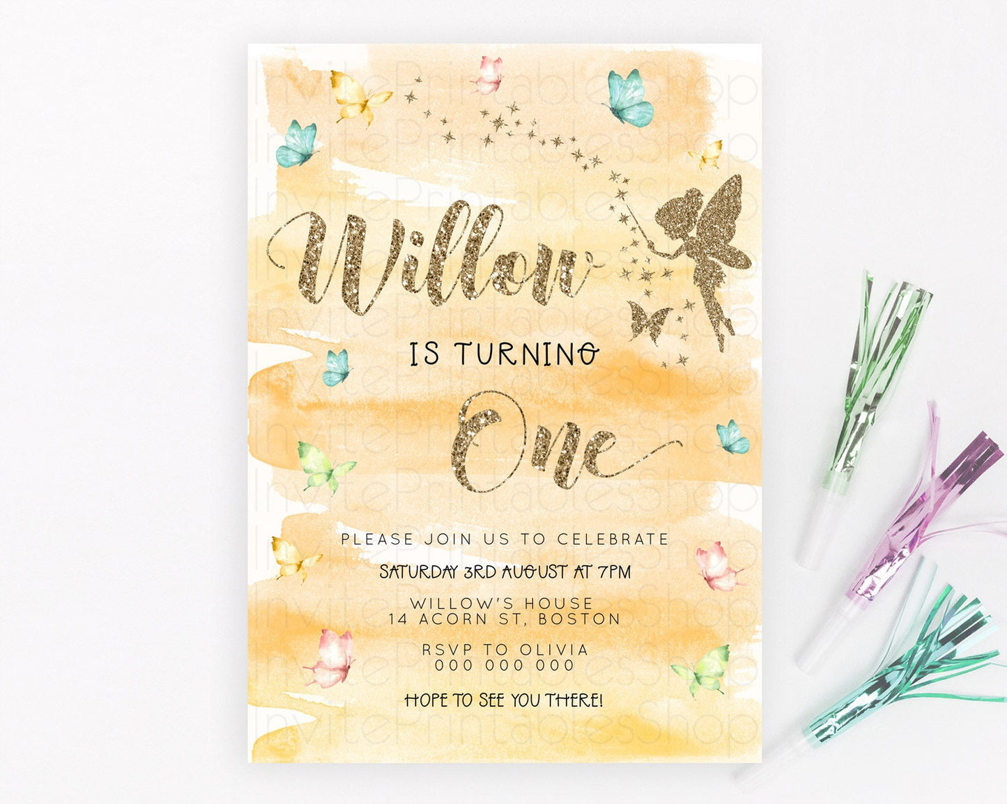 Pastel Fairy Birthday Invitation Pastel Butterflies Fairy Birthday Invitation Rainbow Ombre Watercolor 1st 2nd Birthday Invitation D23325