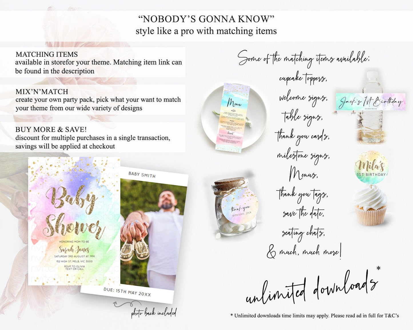 Pastel Rainbow Baby Shower Invitation, Colorful Watercolor Splash, Gold Glitter Confetti Sprinkles, Ombre Purple, Yellow, Green, Pink D10319