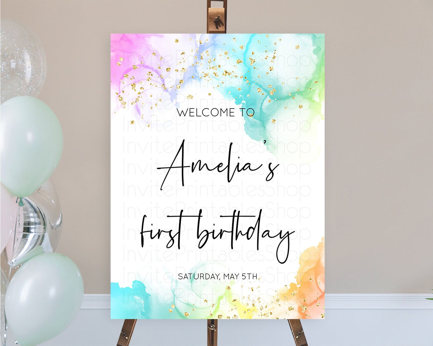 Pastel Welcome Sign Pastel Rainbow Welcome Sign Colorful Rainbow Confetti Watercolor Glitter Pastel First Birthday Welcome Sign D10181