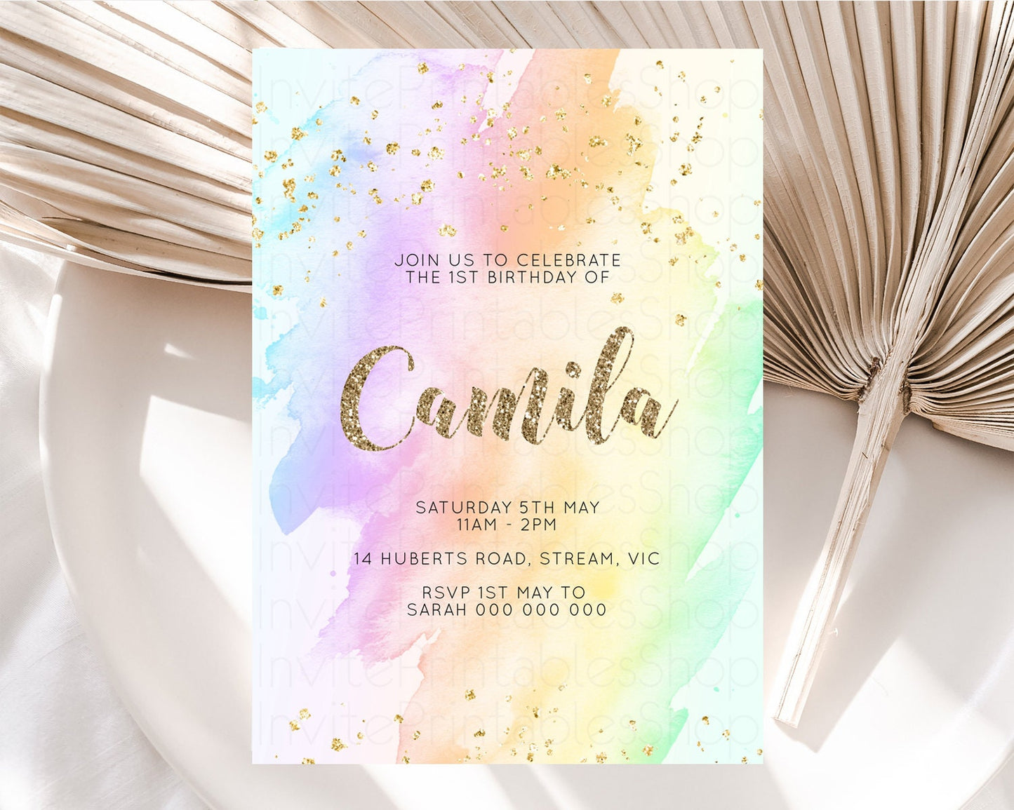 Rainbow Birthday Invitation Glitter Pastel Invitation Colorful Watercolor Gold Foil Splatter Sprinkle Ombre 1st 2nd 3rd Birthday Invite g602