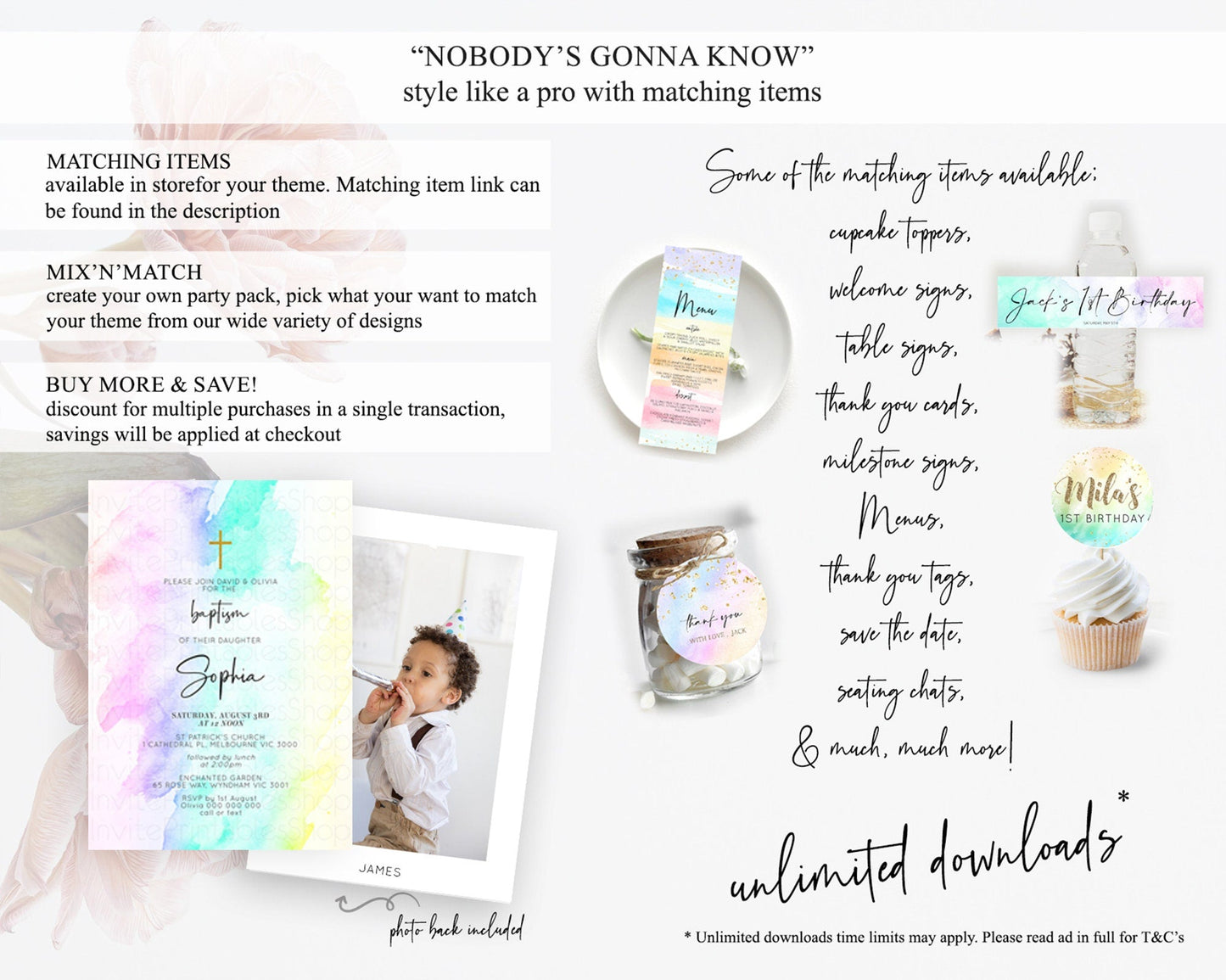 Pastel Baptism Invitation Pastel Colors Watercolor Baptism 1st Birthday Party Gold Ombre Pastel Rainbow Christening Holy Communion D10231