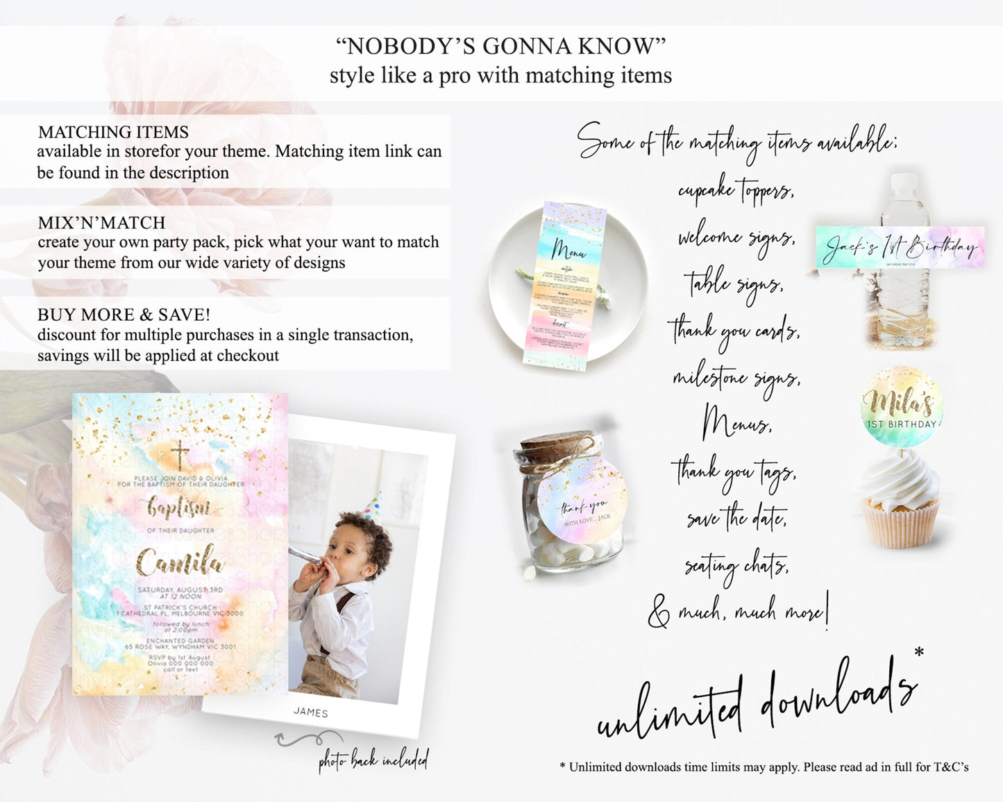 Pastel Baptism Invitation Pastel Colors Watercolor Baptism 1st Birthday Party Gold Ombre Pastel Rainbow Christening Holy Communion D10548