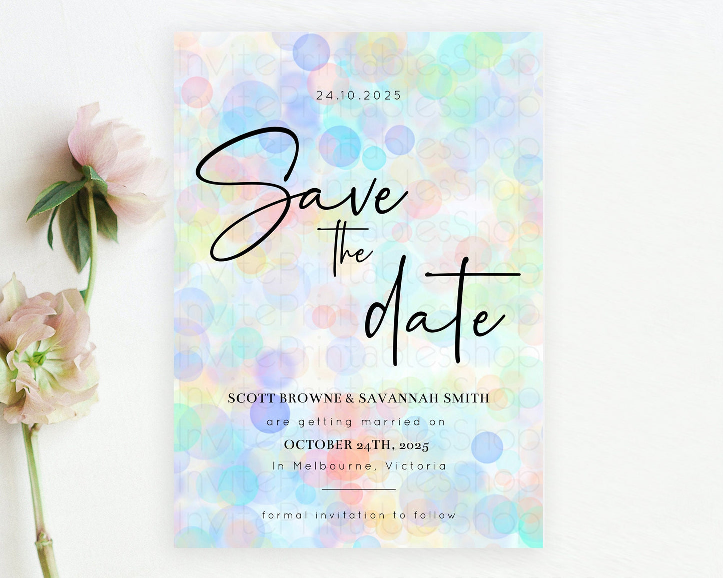 Pastel Bubbles Save The Date Template Bubble Bath Party Rainbow Colorful Confetti Sprinkles 1st Birthday Baby Shower Baptism Wedding D10445