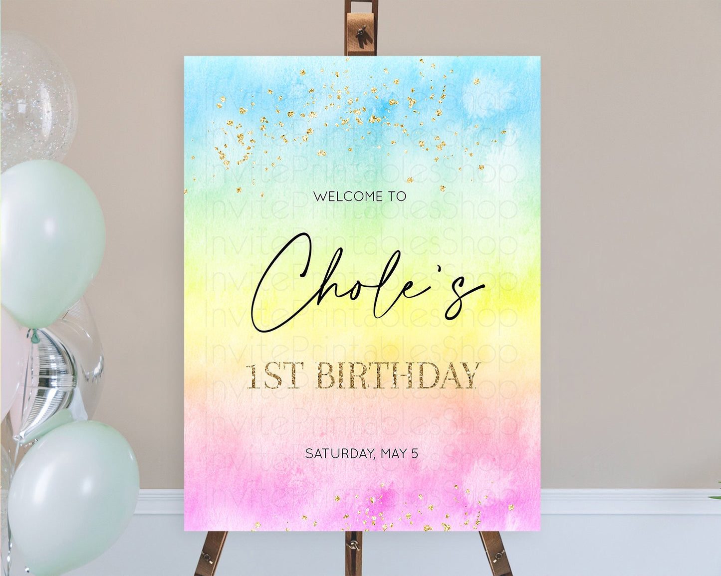 Pastel Welcome Sign Pastel Rainbow Welcome Sign Colorful Rainbow Confetti Watercolor Glitter Pastel First Birthday Welcome Sign D10483