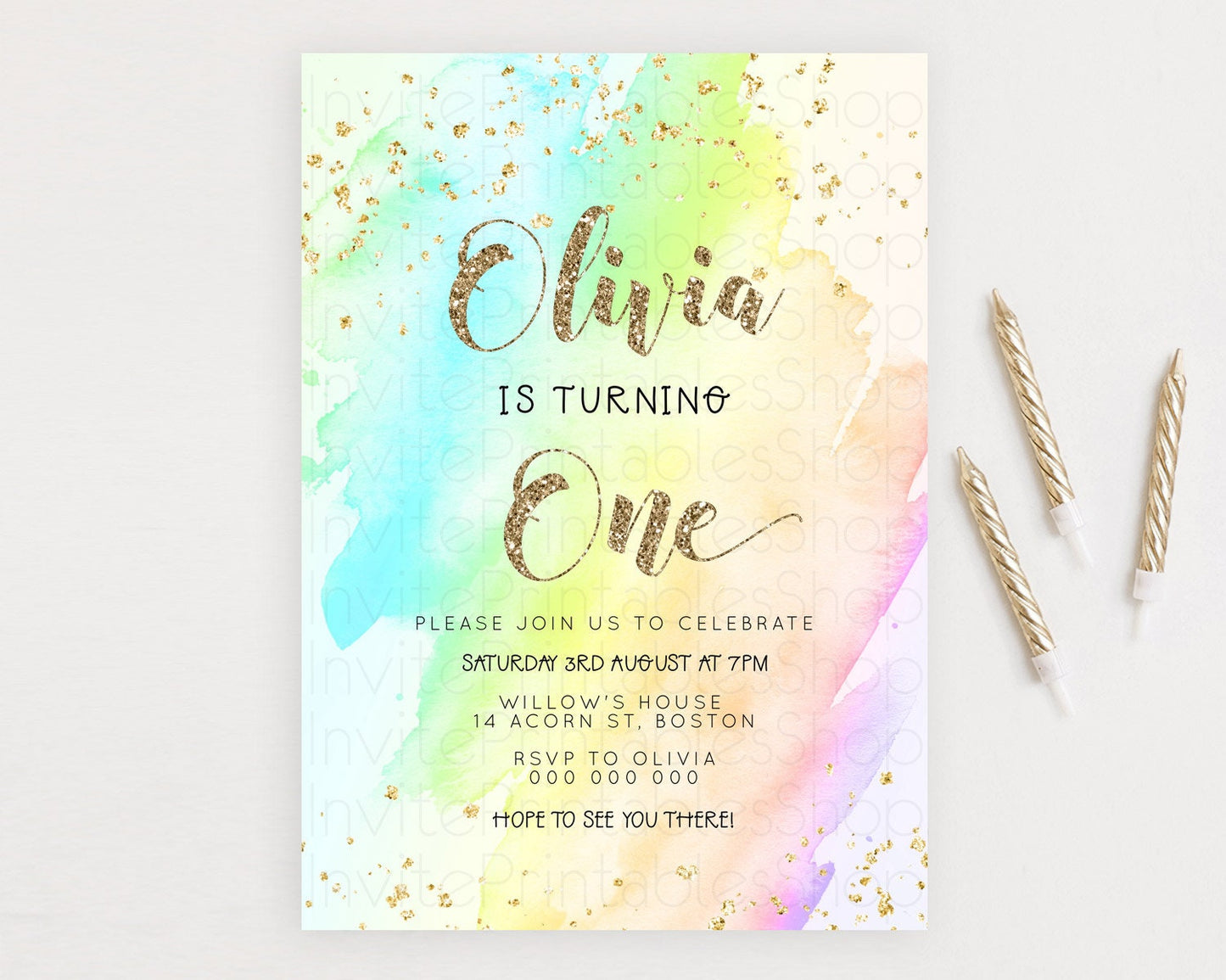 Rainbow Birthday Invitation Colorful Pastel Watercolor Invitation Gold Glitter Sprinkles Ombre Pastel 1st 2nd 3rd Birthday D23282