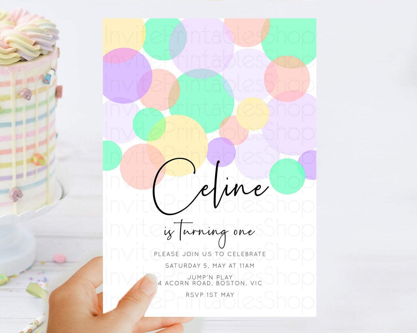 Pastel Birthday Invitation Pastel Confetti Birthday Invitation Bubbles Invitation Colorful Rainbow Confetti 2nd 1st First Birthday D10380