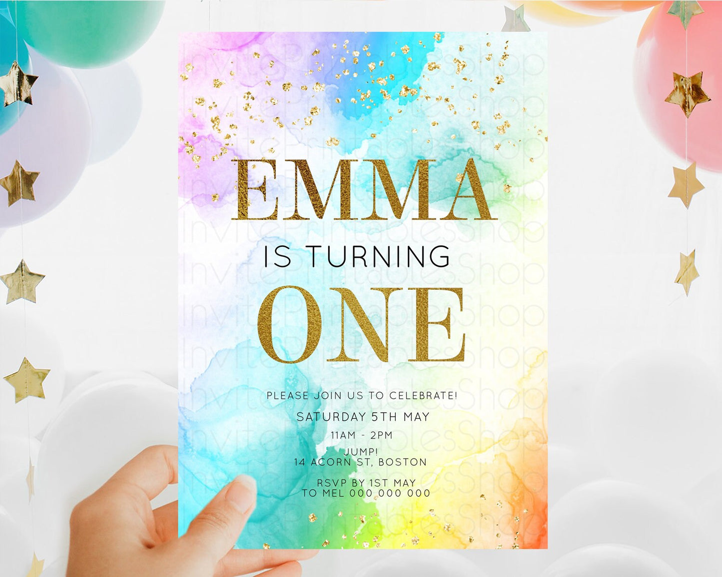 Rainbow Birthday Invitation Colorful Pastel Watercolor Invitation Gold Glitter Sprinkles Ombre Pastel 1st 2nd 3rd Birthday D10961