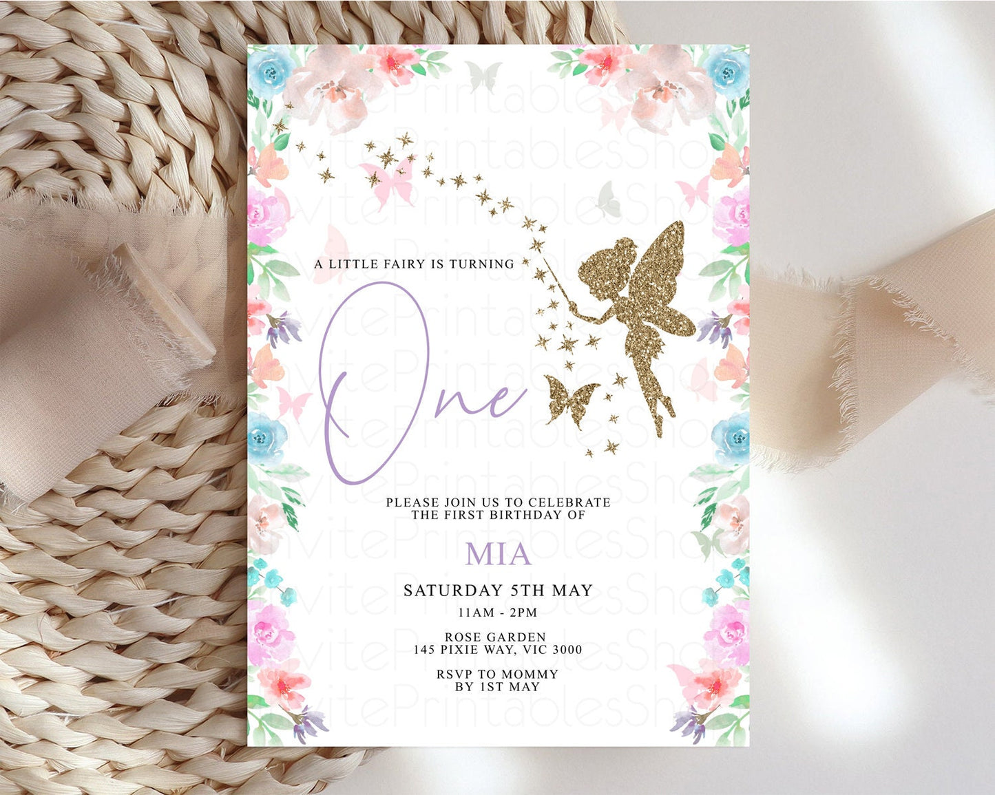 Fairy Birthday Invitation Glitter Fairy Invite Enchanted Garden Fairy Invite Pastel Floral Invite Butterfly Garden Invite 1st 2nd P113