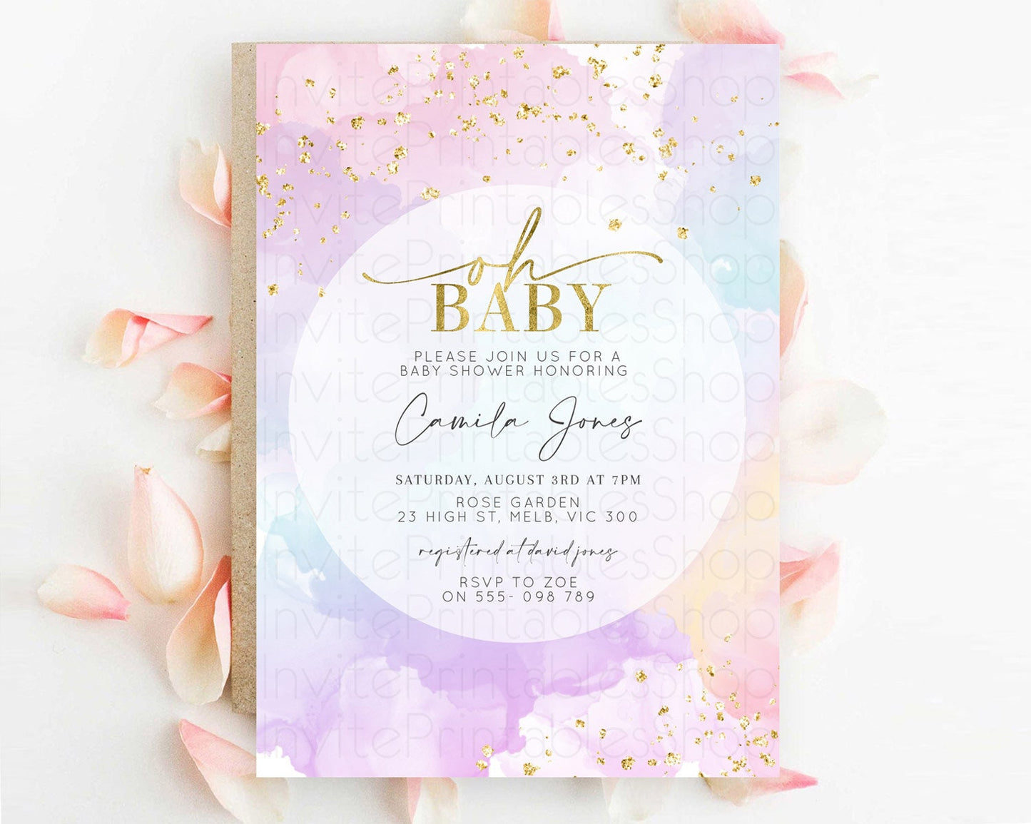 Pastel Baby Shower Invitation Rainbow Baby Shower Invitation Colorful Pastel Watercolor Invitation Gold Glitter Sprinkles Ombre D10623